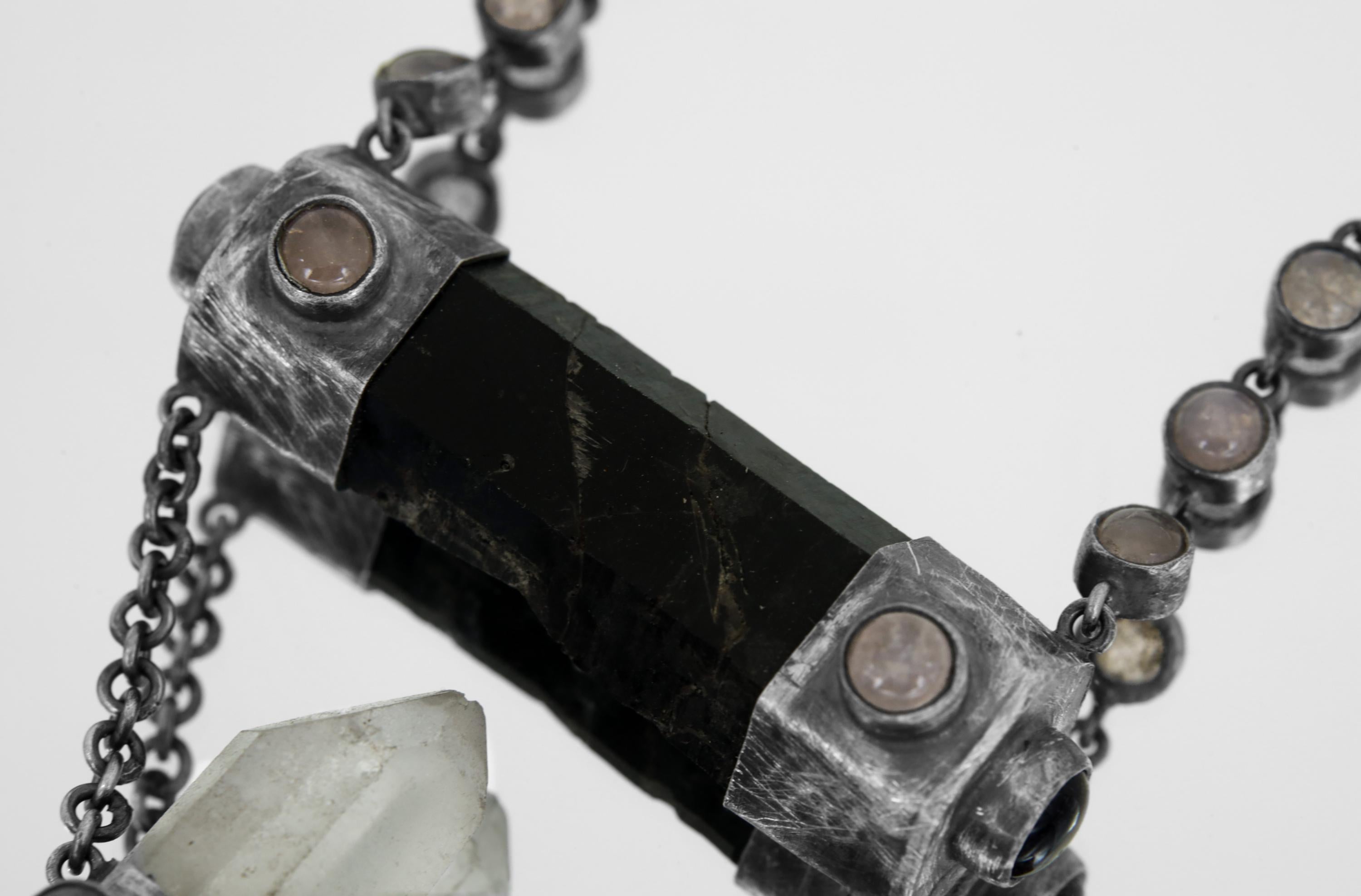 Round Rose Quartz, Black Tourmaline, Orange Chalcedony Agate, Amethyst & Twin-Terminated Quartz Pendant Oxidised Sterling Silver Unique Gift