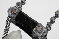 Round Rose Quartz, Black Tourmaline, Orange Chalcedony Agate, Amethyst & Twin-Terminated Quartz Pendant Oxidised Sterling Silver Unique Gift