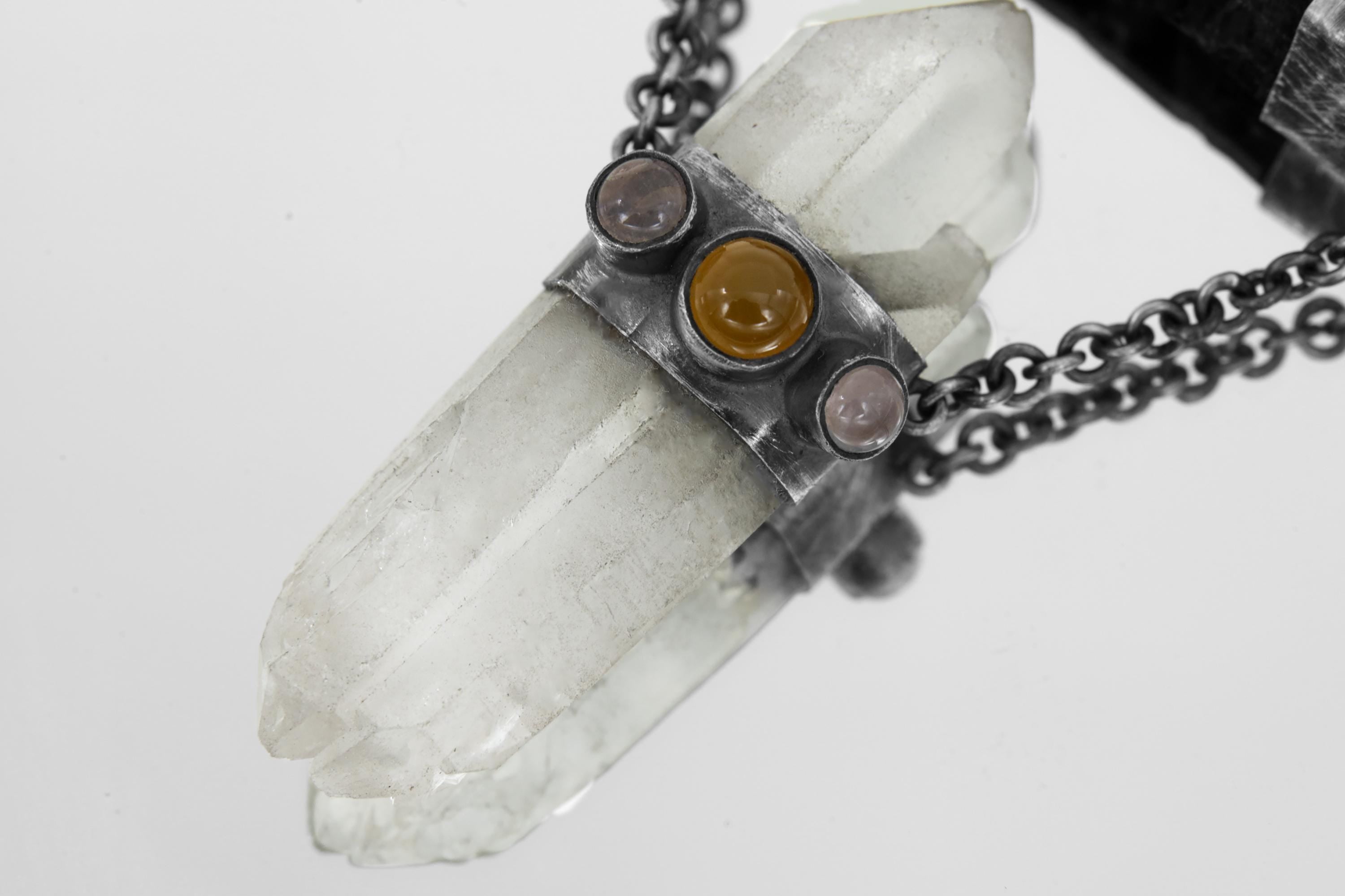 Round Rose Quartz, Black Tourmaline, Orange Chalcedony Agate, Amethyst & Twin-Terminated Quartz Pendant Oxidised Sterling Silver Unique Gift