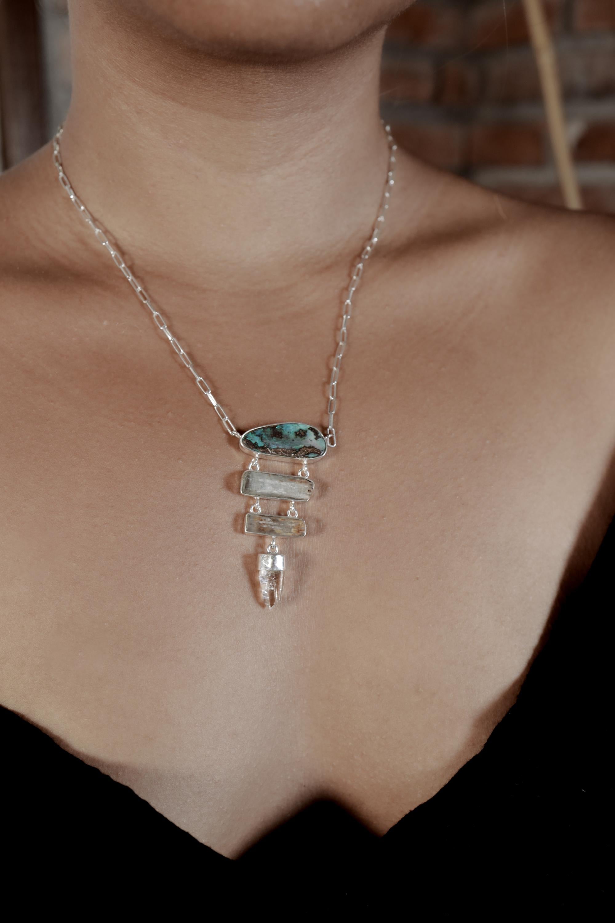 Australian Boulder Opal, Aquamarine & Lemurian Twin Quartz Pendant, Sterling Silver Spiritual Necklace, Chakra Healing, Gift for Adventurers