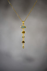 Round Faceted Zircon, Aquamarine, Australian Opal Droplets & Blue Moonstone Pendant 18k GoldPlated Organic Texture Spiritual Clarity Healing