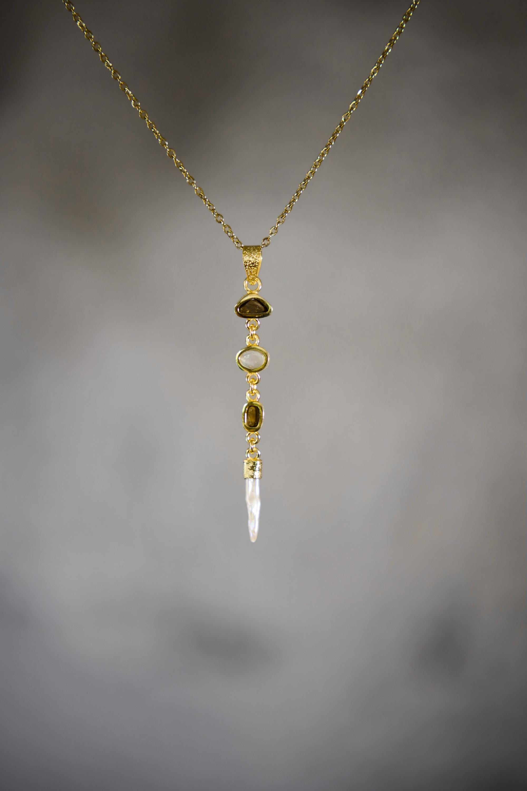 Brilliant Zircon, Australian Opal Doublet, Blue Moonstone & South Sea Pearl Pendant, Textured, 18k Gold-Plated Sterling Silver, Unique Gift