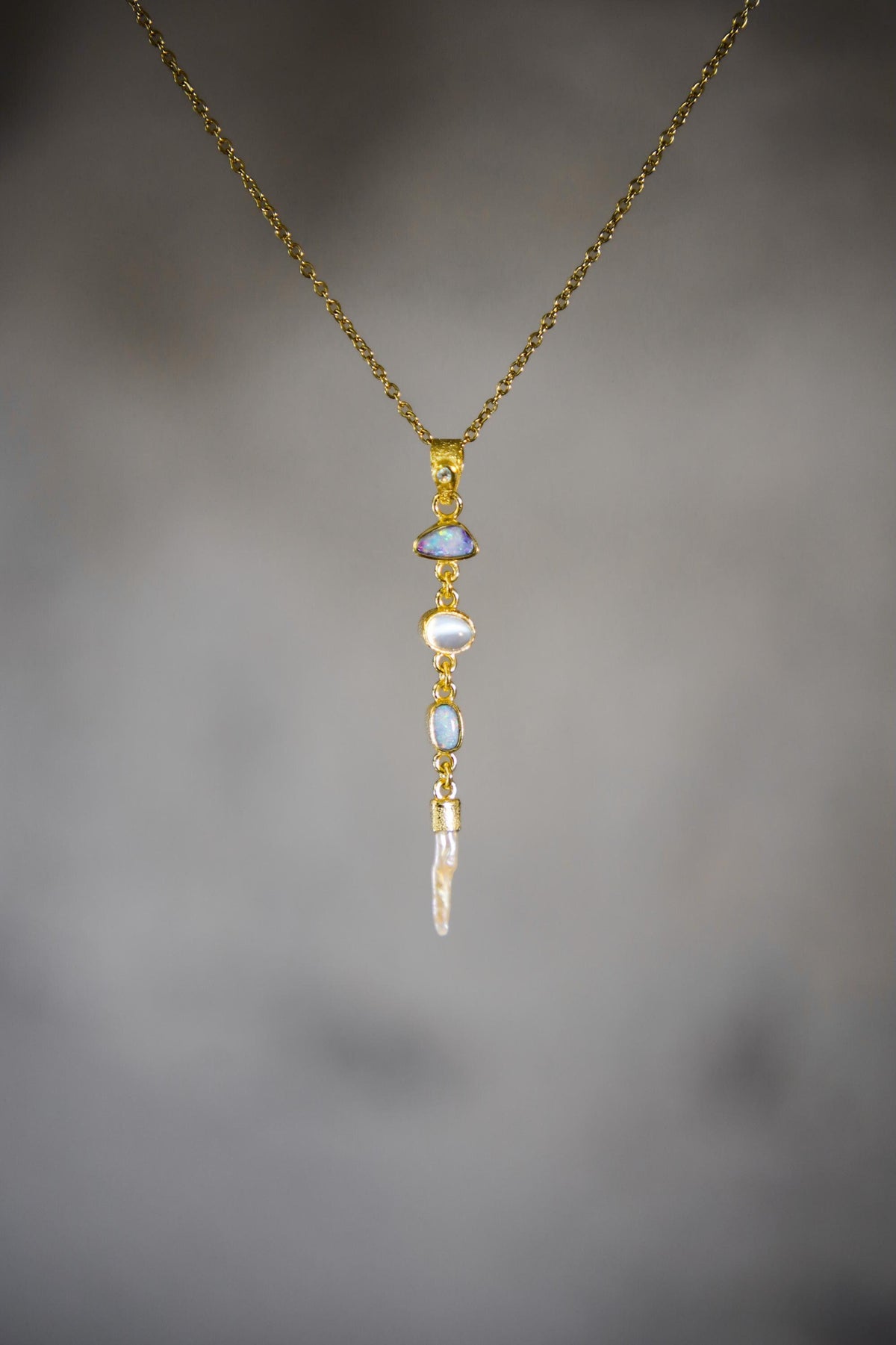 Brilliant Zircon, Australian Opal Doublet, Blue Moonstone & South Sea Pearl Pendant, Textured, 18k Gold-Plated Sterling Silver, Unique Gift