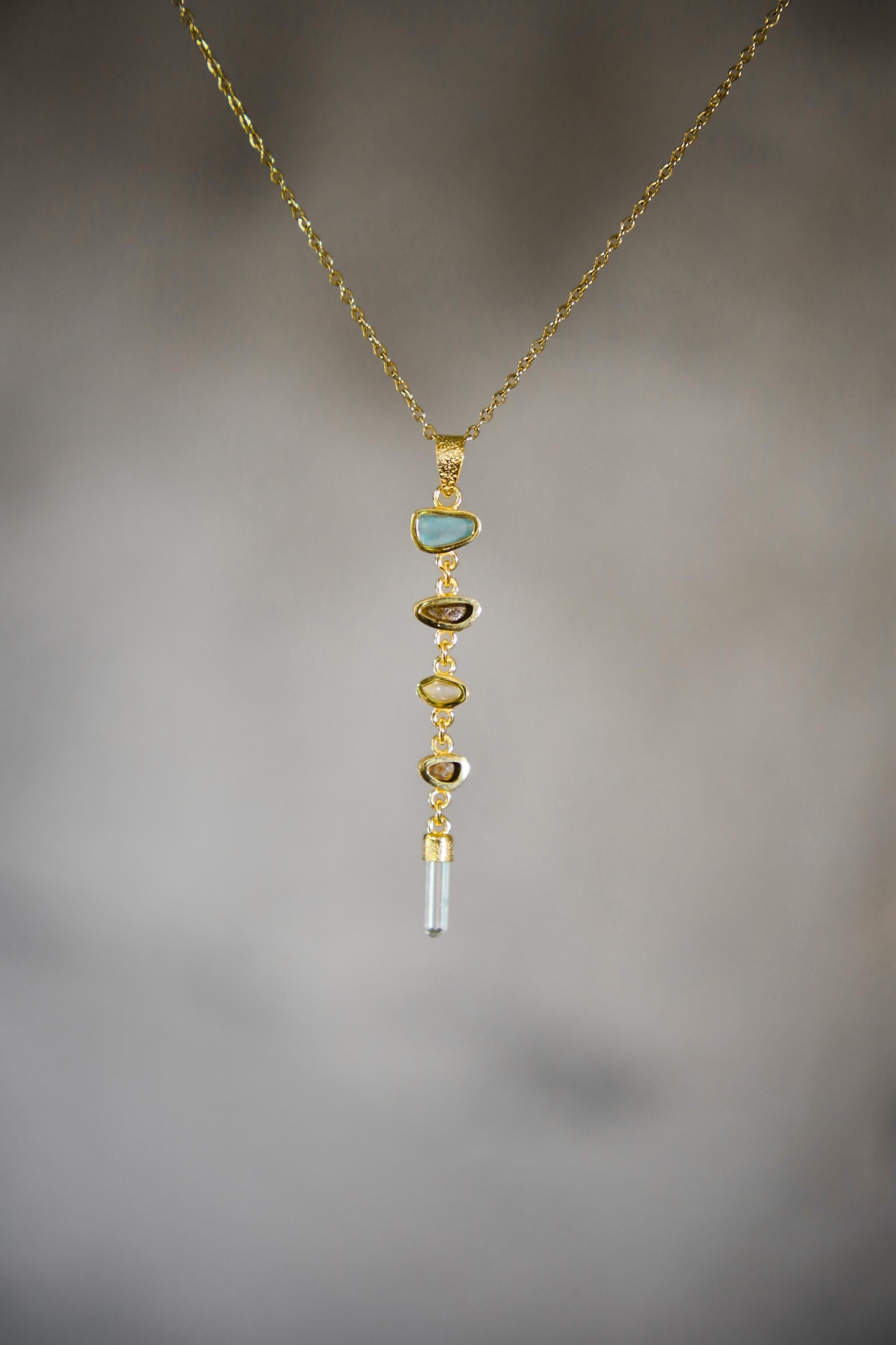 Harmonious Round Zircon, Aquamarine, Australian Opal Doublet & Blue Moonstone Pendant, Texture, 18k Gold-Plated Sterling Silver, Unique Gift