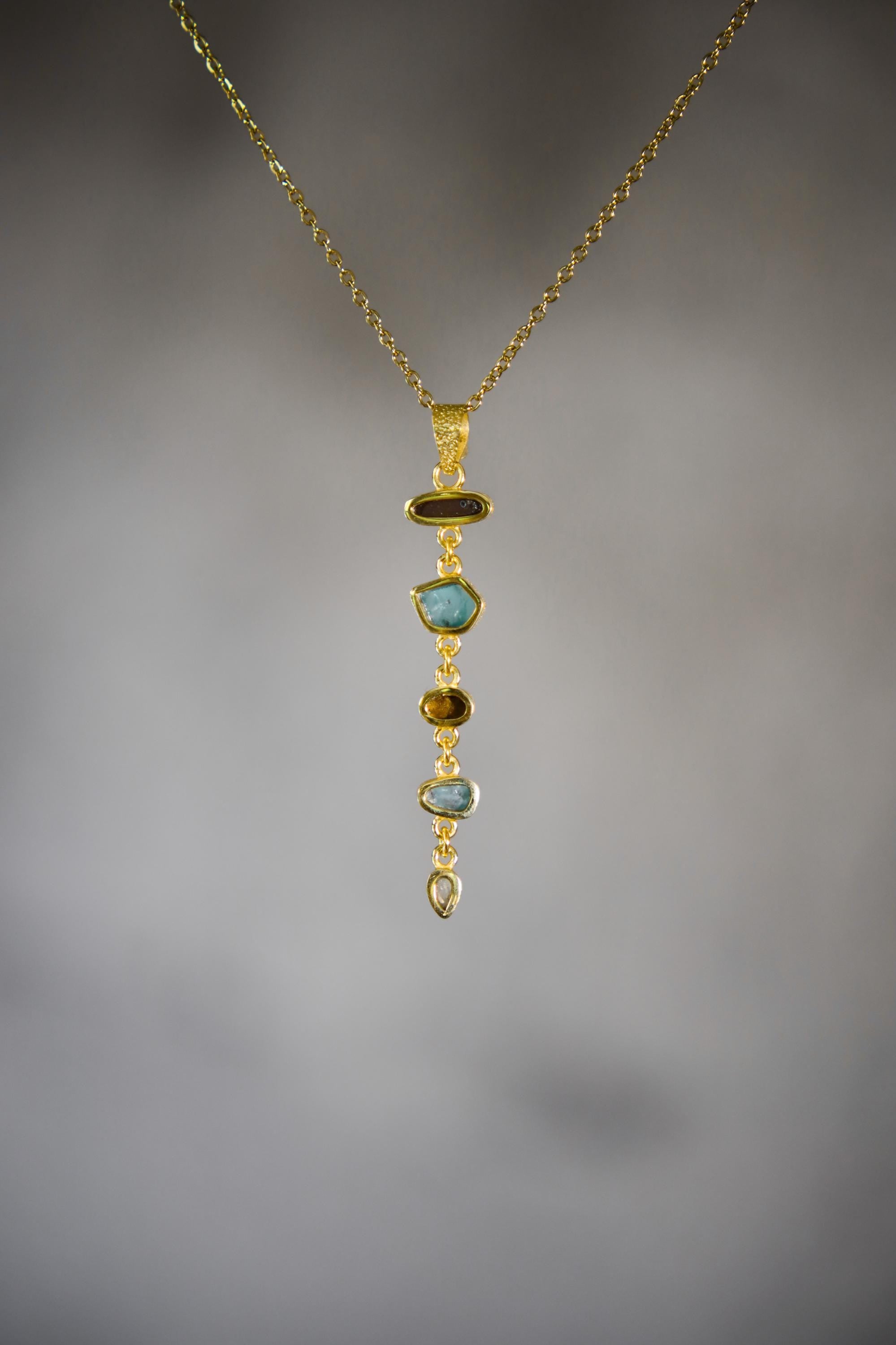 White Faceted Zircon, Aquamarine, Australian Opal Doublet & Blue Moonstone Pendant 18k Gold-Plated Sterling Silver, Texture, Unique Gift