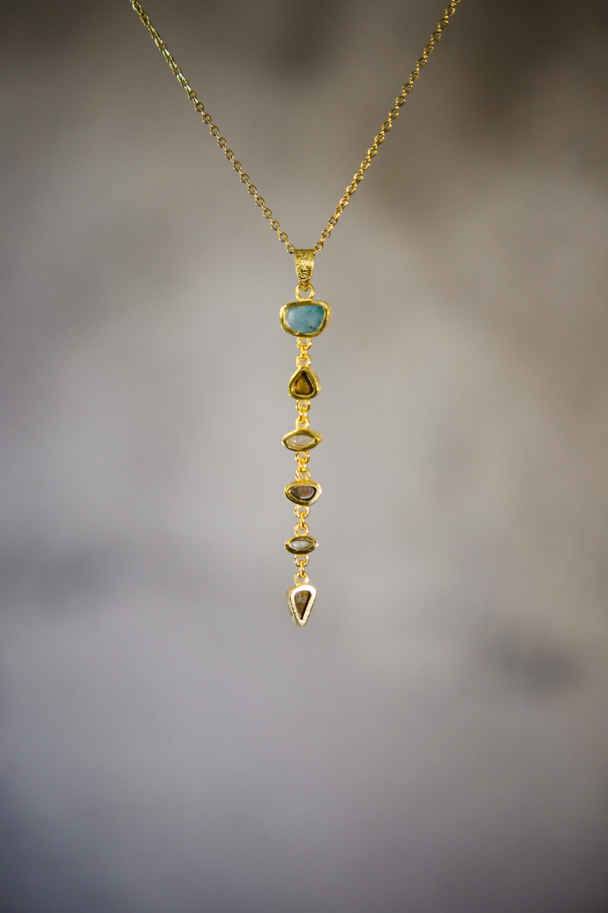 Faceted Radiant Zircon, Aquamarine, Australian Opal Doublet & Blue Moonstone Pendant, 18k Gold-Plated Sterling Silver, Unique Gift