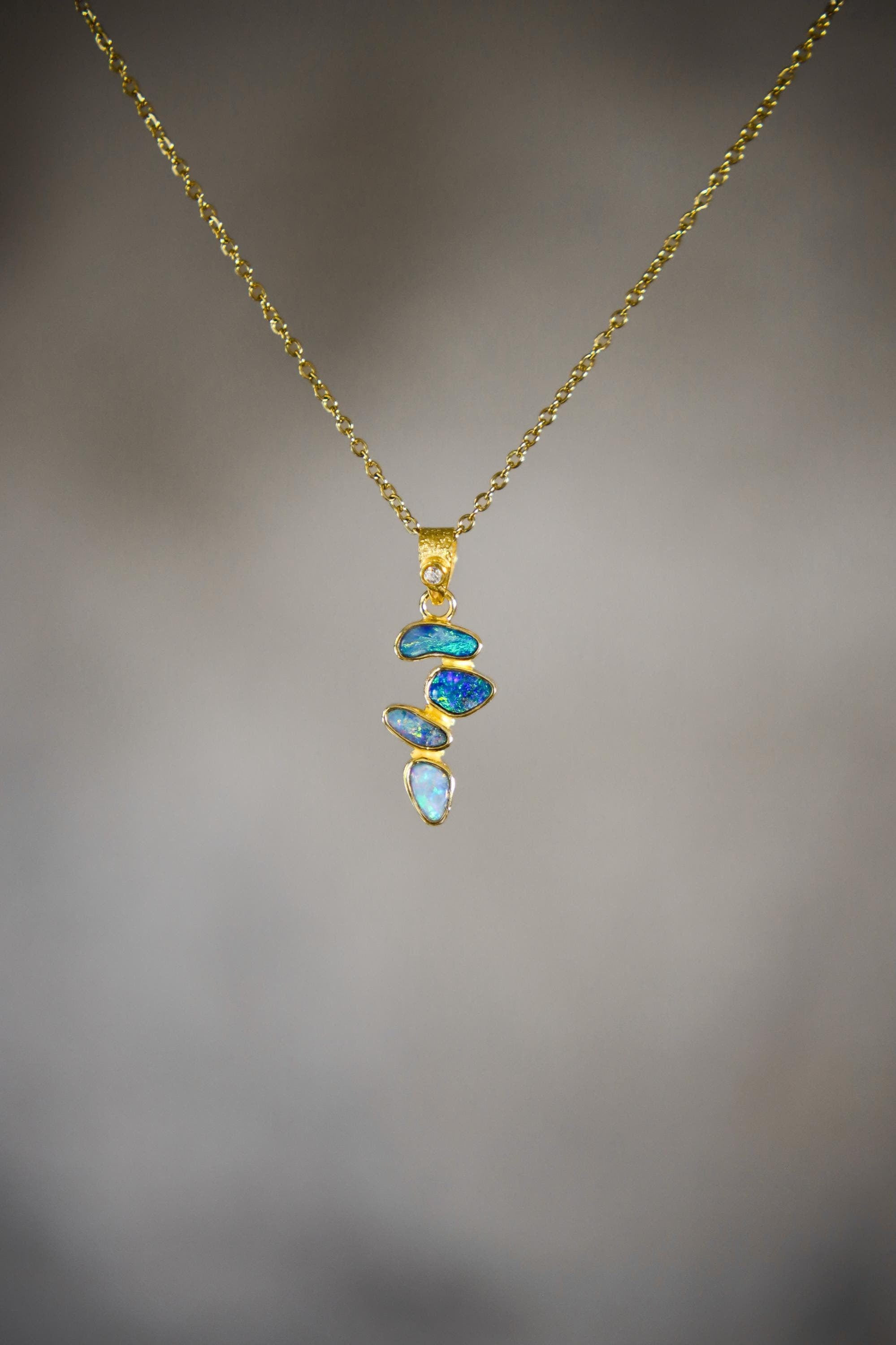 Australian Opal Droplet & Brilliant Cut Zircon Pendant, 18k Gold Plated, Chakra, Spiritual Energy Treasure, Leo Zodiac, Emotional Expression