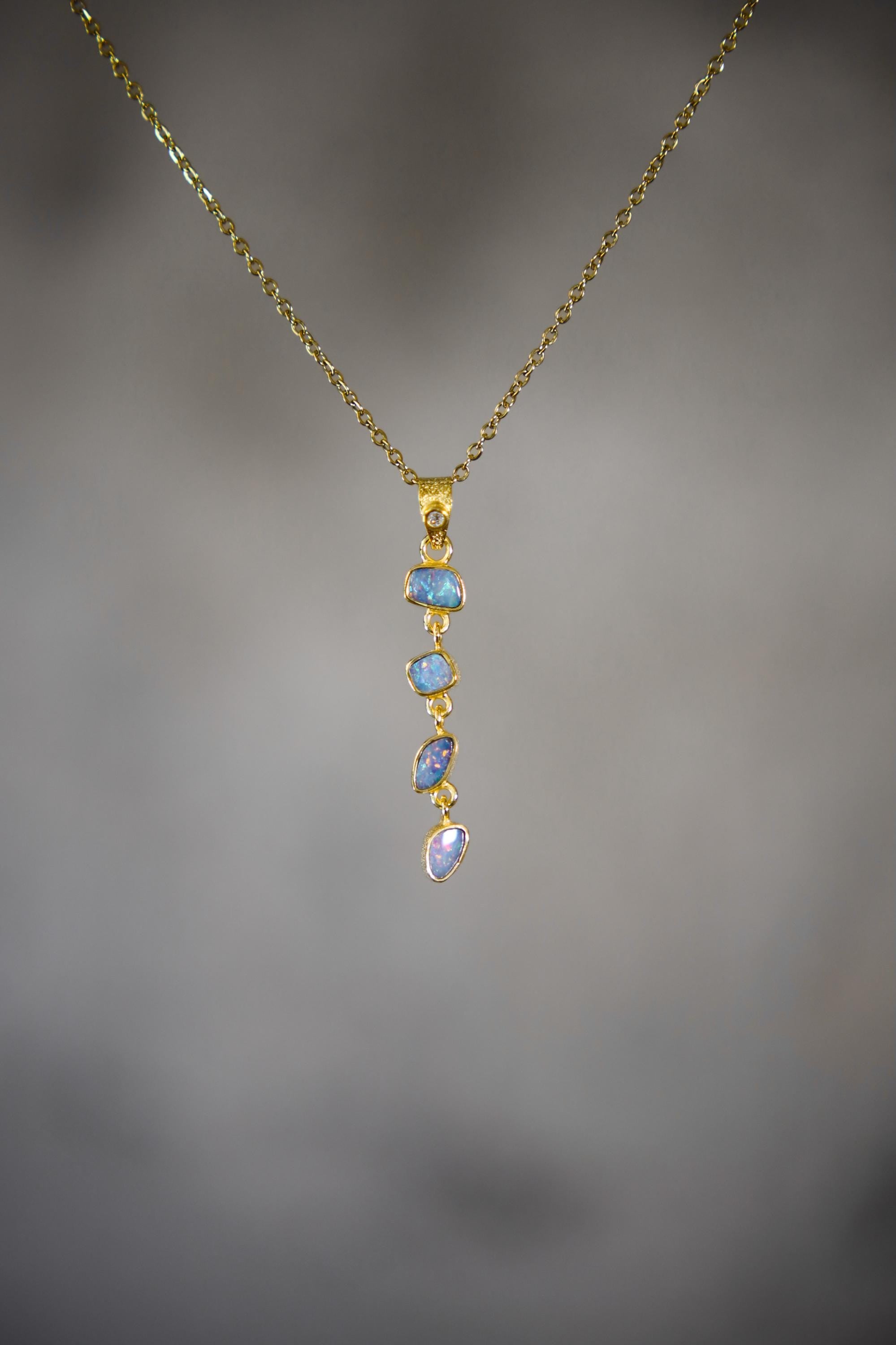 Round Shaped Zircon & Australian Opal Pendant, 18k Gold-Plated Sterling Silver, Bohemian Crystal Necklace, Spiritual Growth, Unique Gift