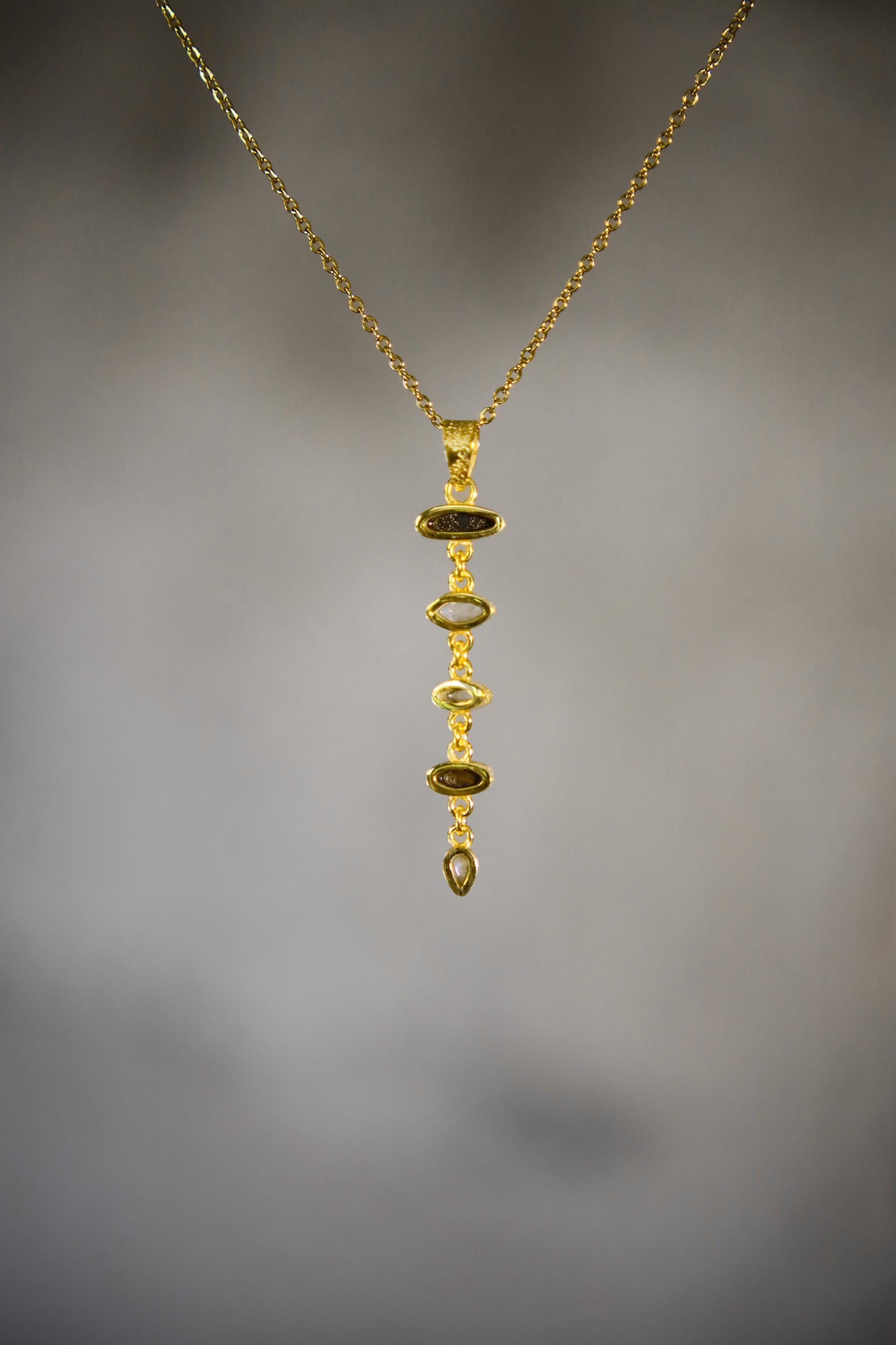 Australian Opal Doublet & Blue Moonstone Pendant With White Zircon, 18k Gold-Plated Sterling Silver, Crystal Necklace, Unique Gift
