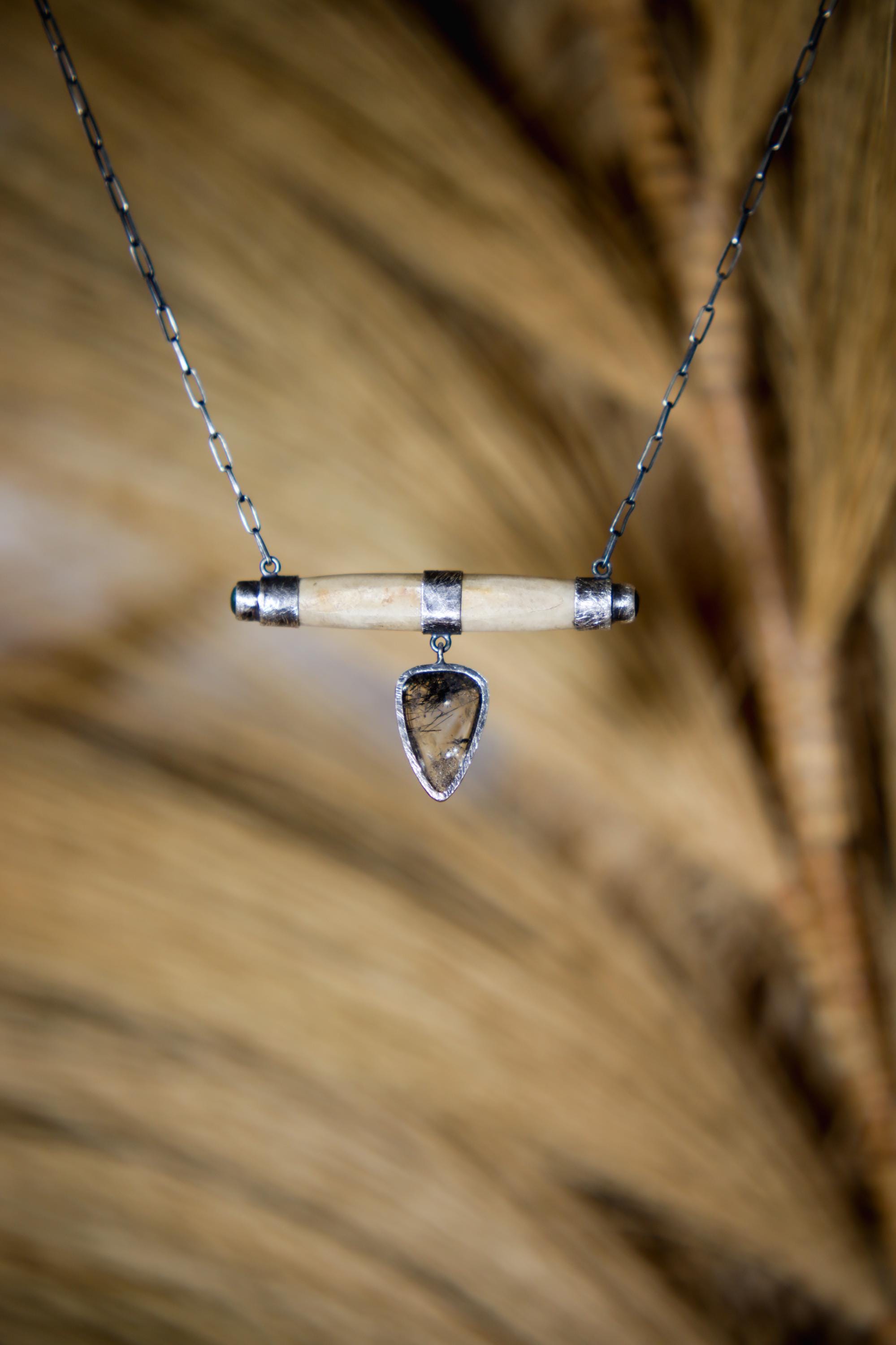 Two Aquamarine, Bone and dangling Black teardrop Rutile Quartz cabochon, Sterling Silver, Textured Oxidised, Unique Gift