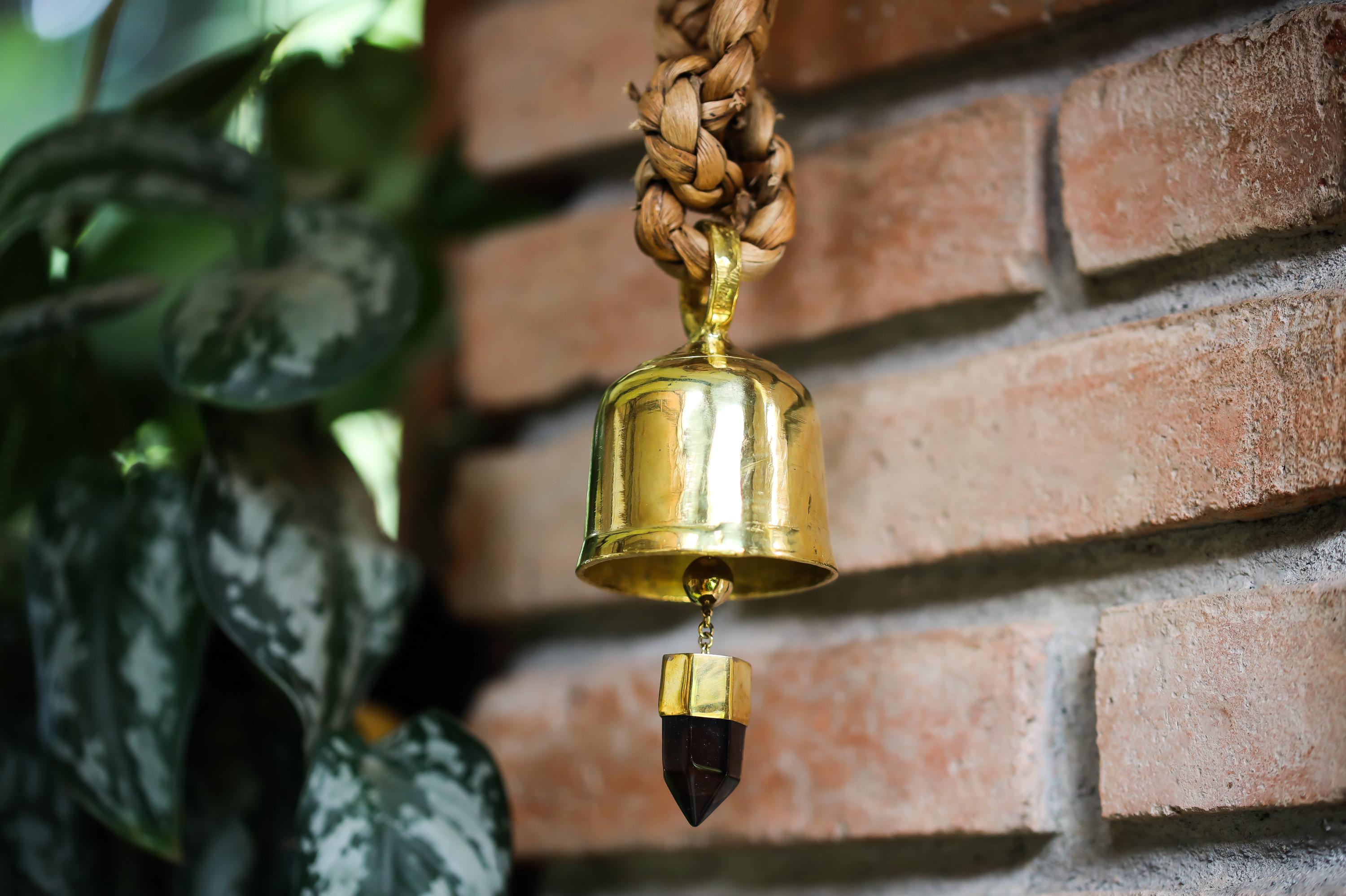 Large Smoky Quartz Point Crystal-accented Hindu Prayer Bell, Bronze with 18k Gold Plating, Meditation & Spiritual Décor, Unique Gift