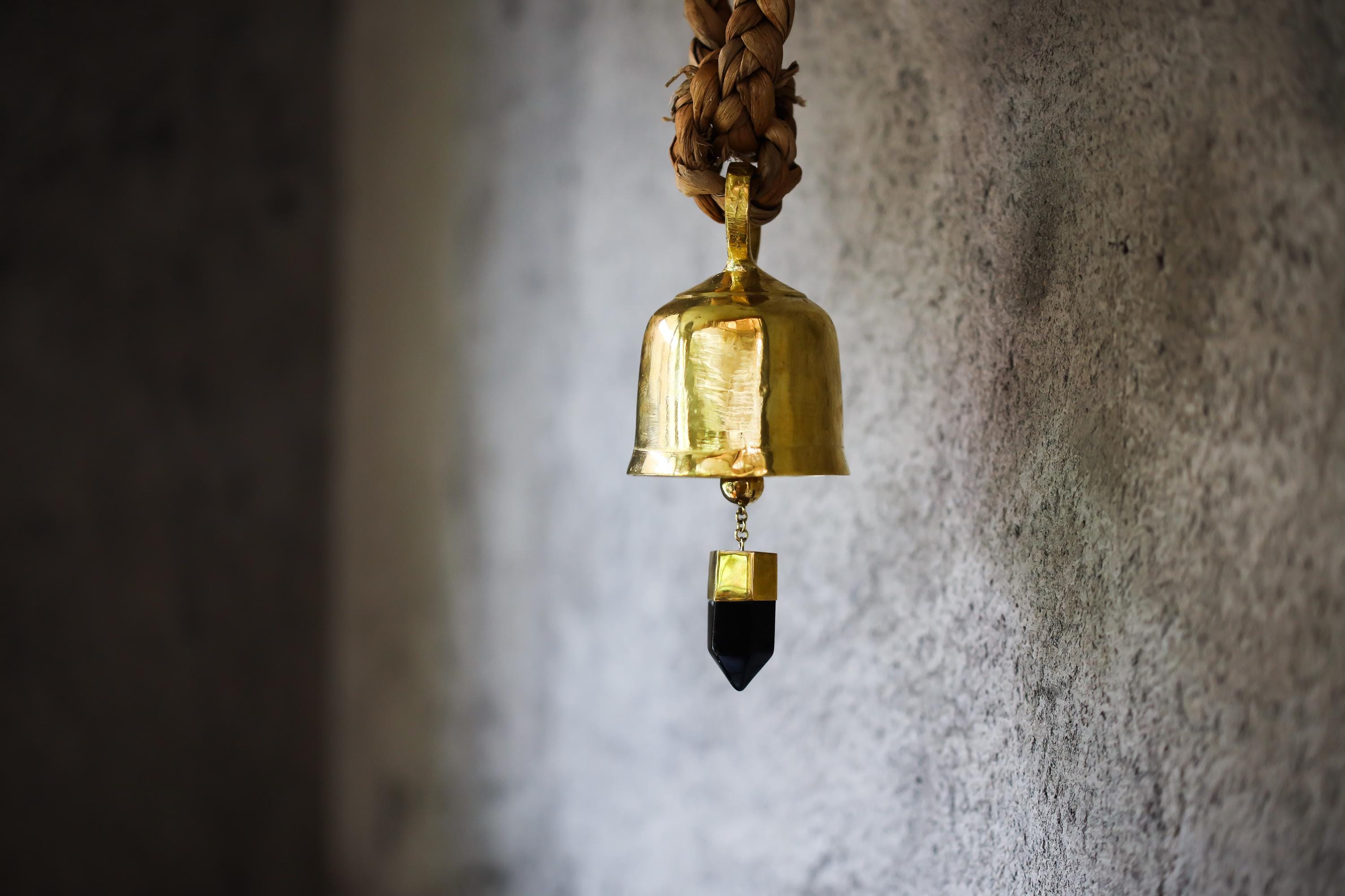 Large Smoky Quartz Point Crystal-accented Hindu Prayer Bell, Bronze with 18k Gold Plating, Meditation & Spiritual Décor, Unique Gift