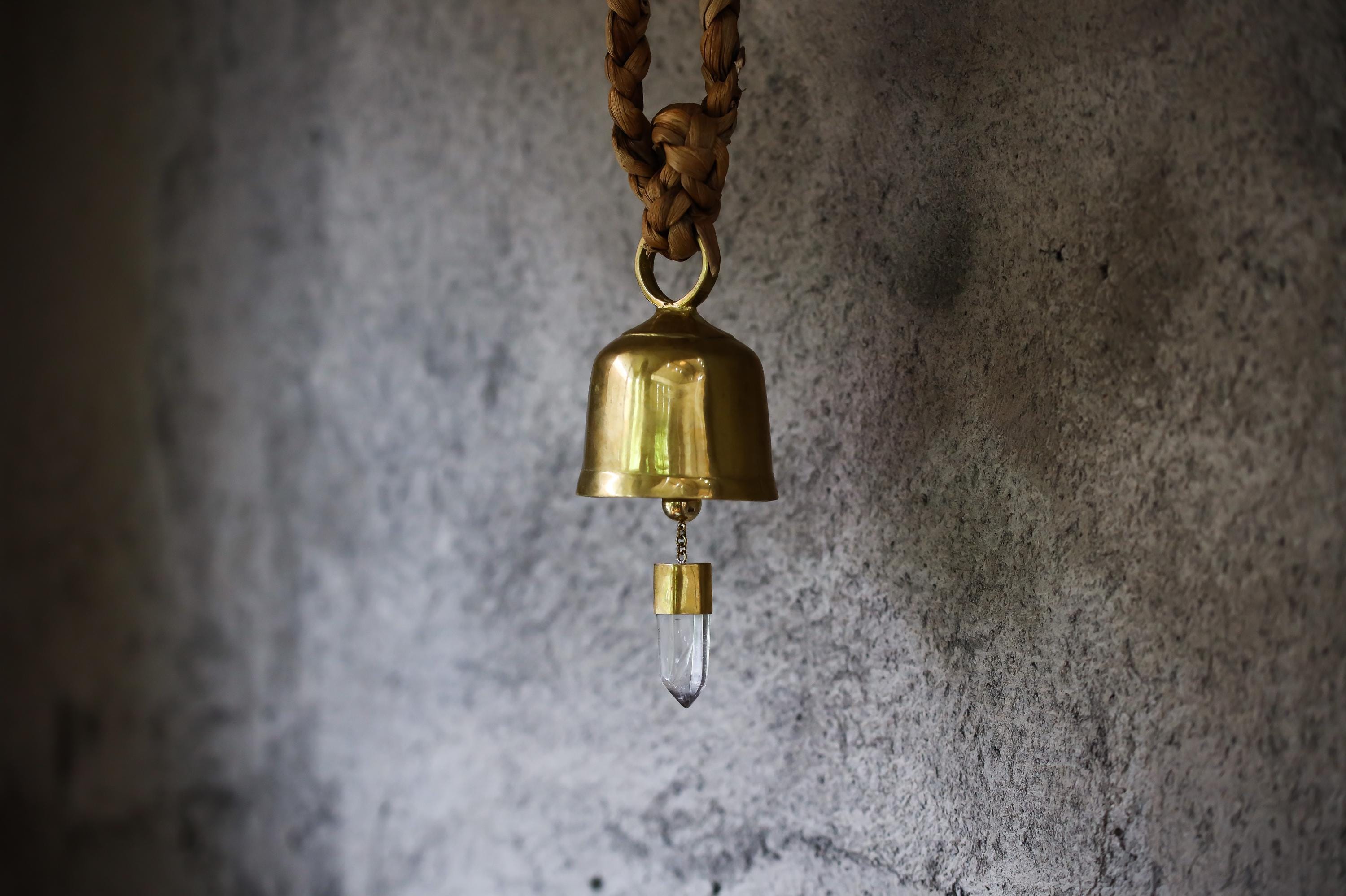 Crystal Quartz Prayer Bell: 18k Gold Plated Bronze Spiritual Decor