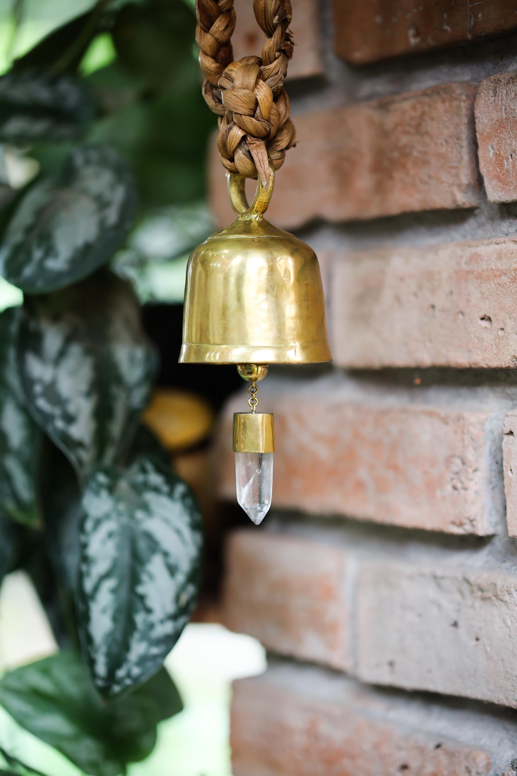 Clear Quartz Amplifier, Crystal-accented Hindu Prayer Bell, Bronze with 18k Gold Plating, Christmas tree, Spiritual Décor, Meditation Bell
