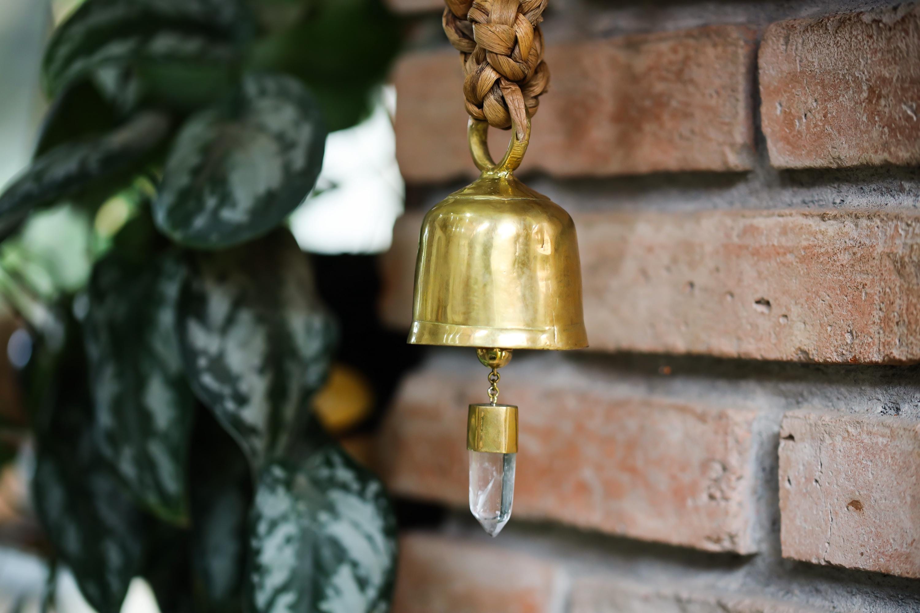 Clear Quartz Amplifier, Crystal-accented Hindu Prayer Bell, Bronze with 18k Gold Plating, Christmas tree, Spiritual Décor, Meditation Bell