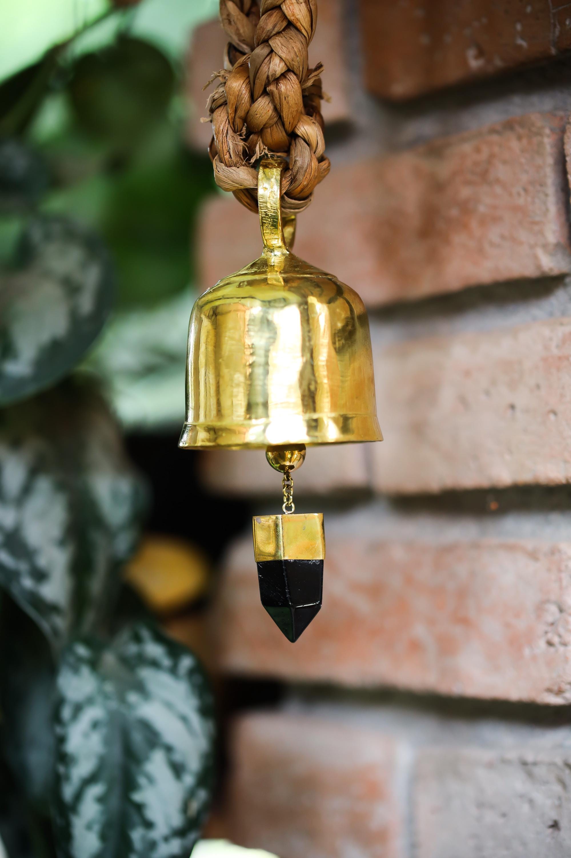 Gold Plated Bronze Prayer Bell Smoky Quartz Crystal Point Hindu Inspired Chime Sacred Space Decor Gift