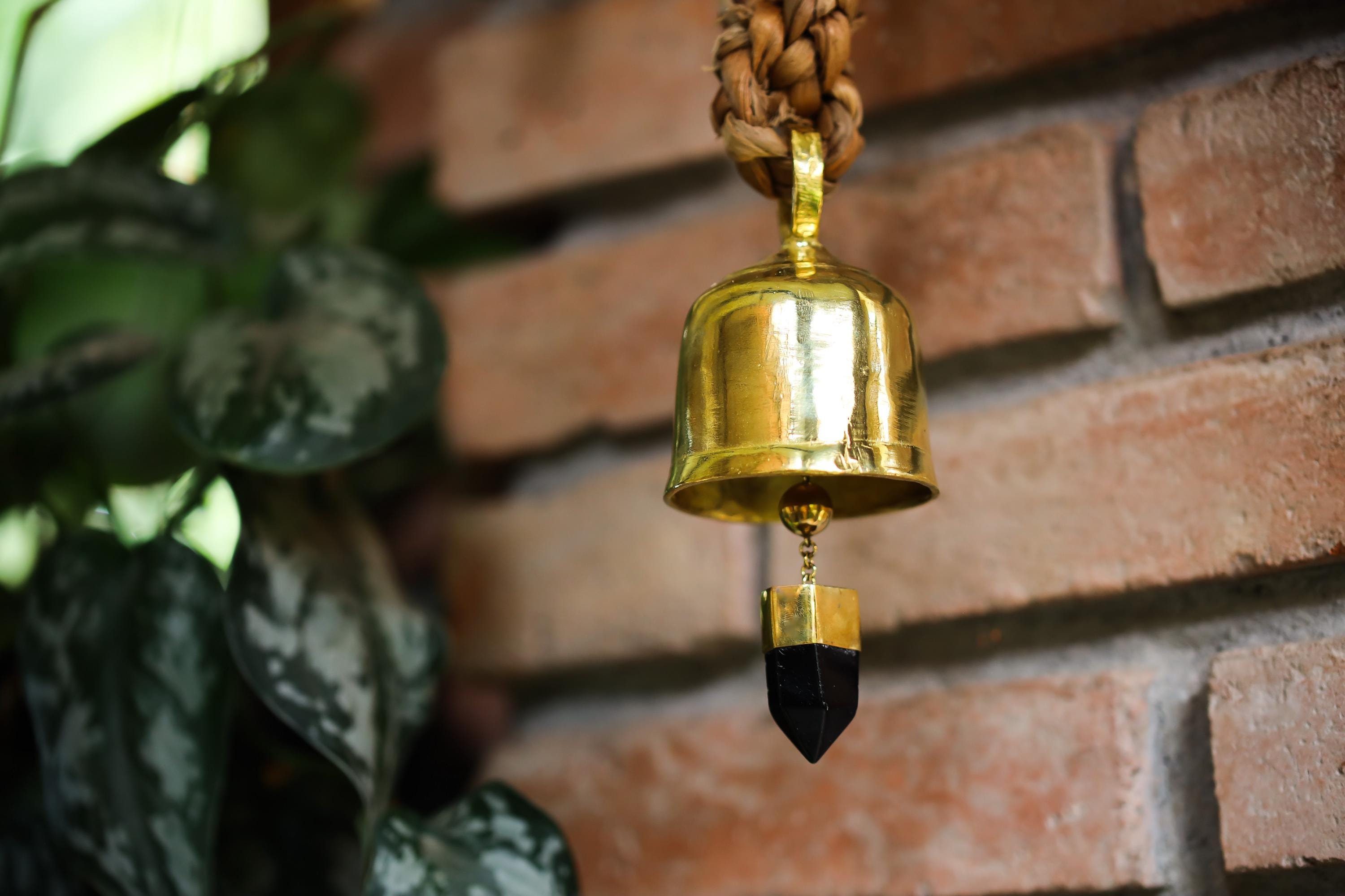 Gold Plated Bronze Prayer Bell Smoky Quartz Crystal Point Hindu Inspired Chime Sacred Space Decor Gift