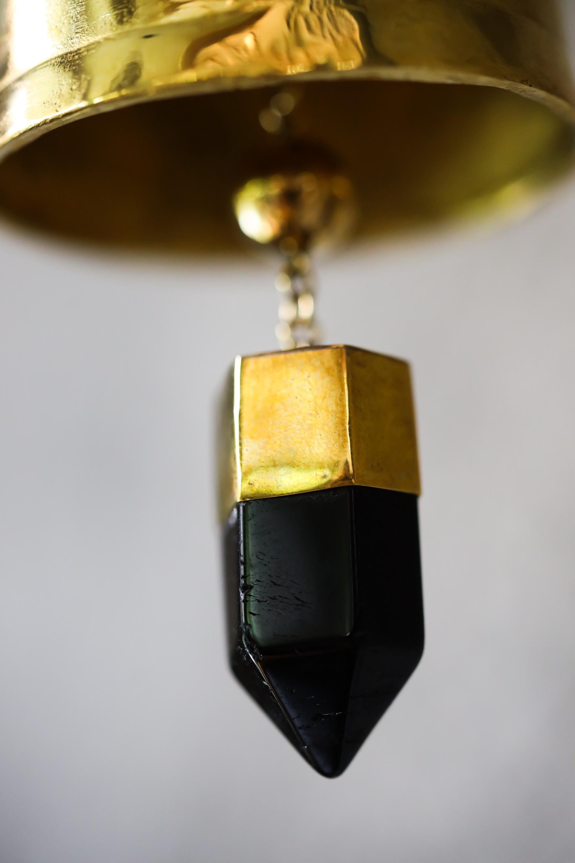 Gold Plated Bronze Prayer Bell Smoky Quartz Crystal Point Hindu Inspired Chime Sacred Space Decor Gift