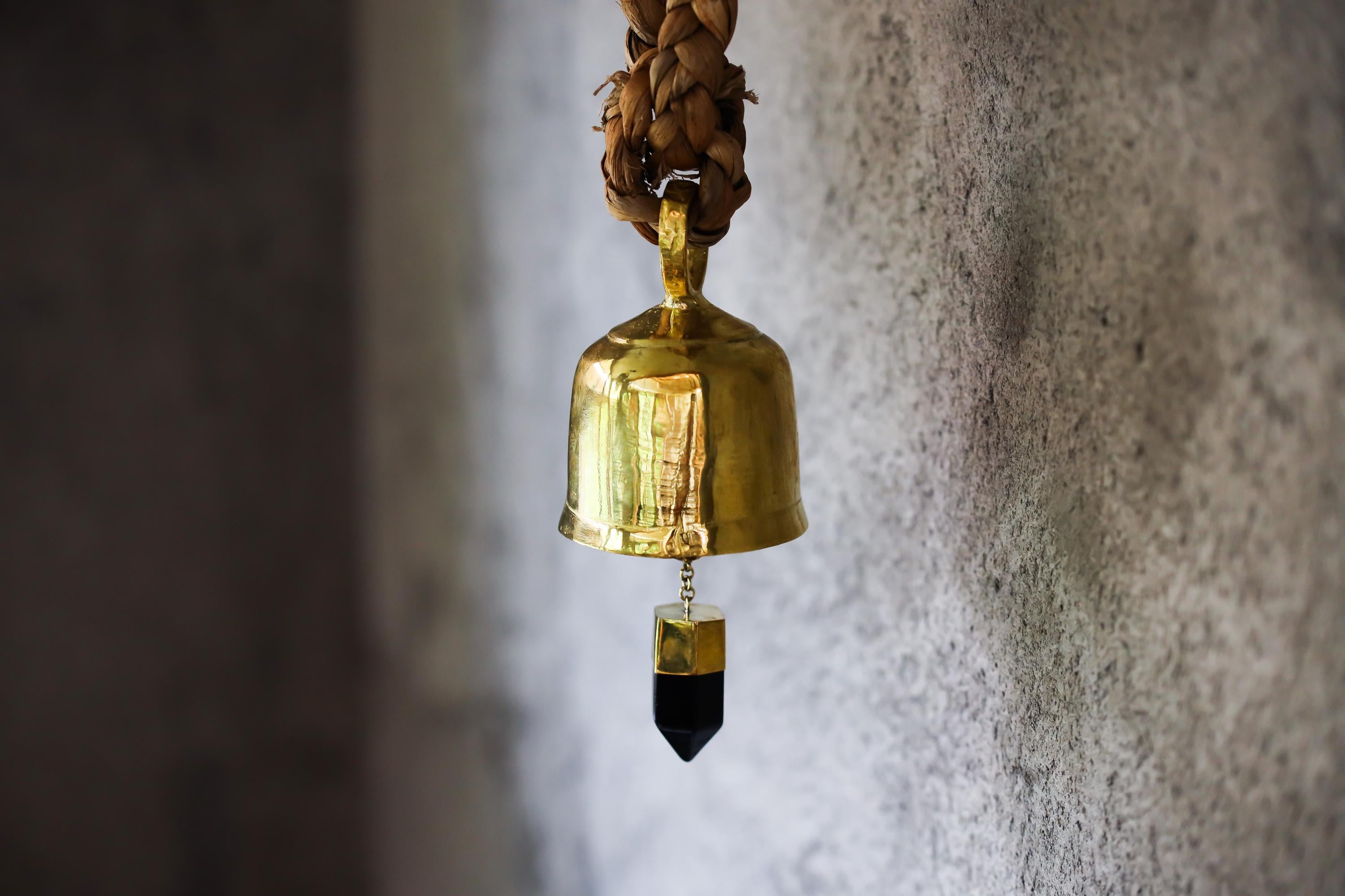 Crystal-accented Hindu Prayer Bell, Bronze with 18k Gold Plating, Large Smoky Quartz Point, Meditation & Spiritual Décor, Unique Gift