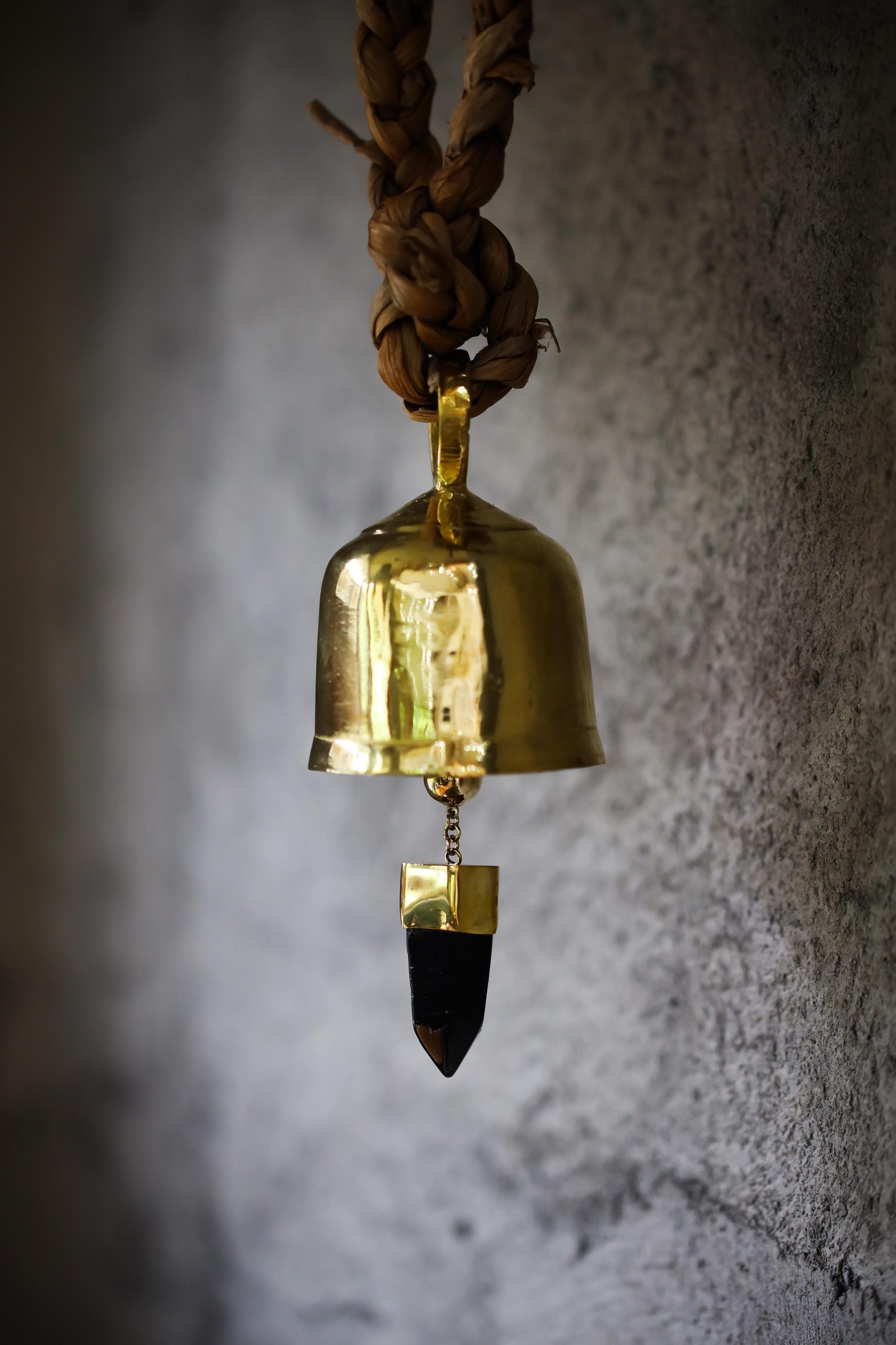 Hindu Prayer Bell, Crystal-accented Large Smoky Quartz Point, Bronze with 18k Gold Plating, Meditation & Spiritual, Christmas Decor