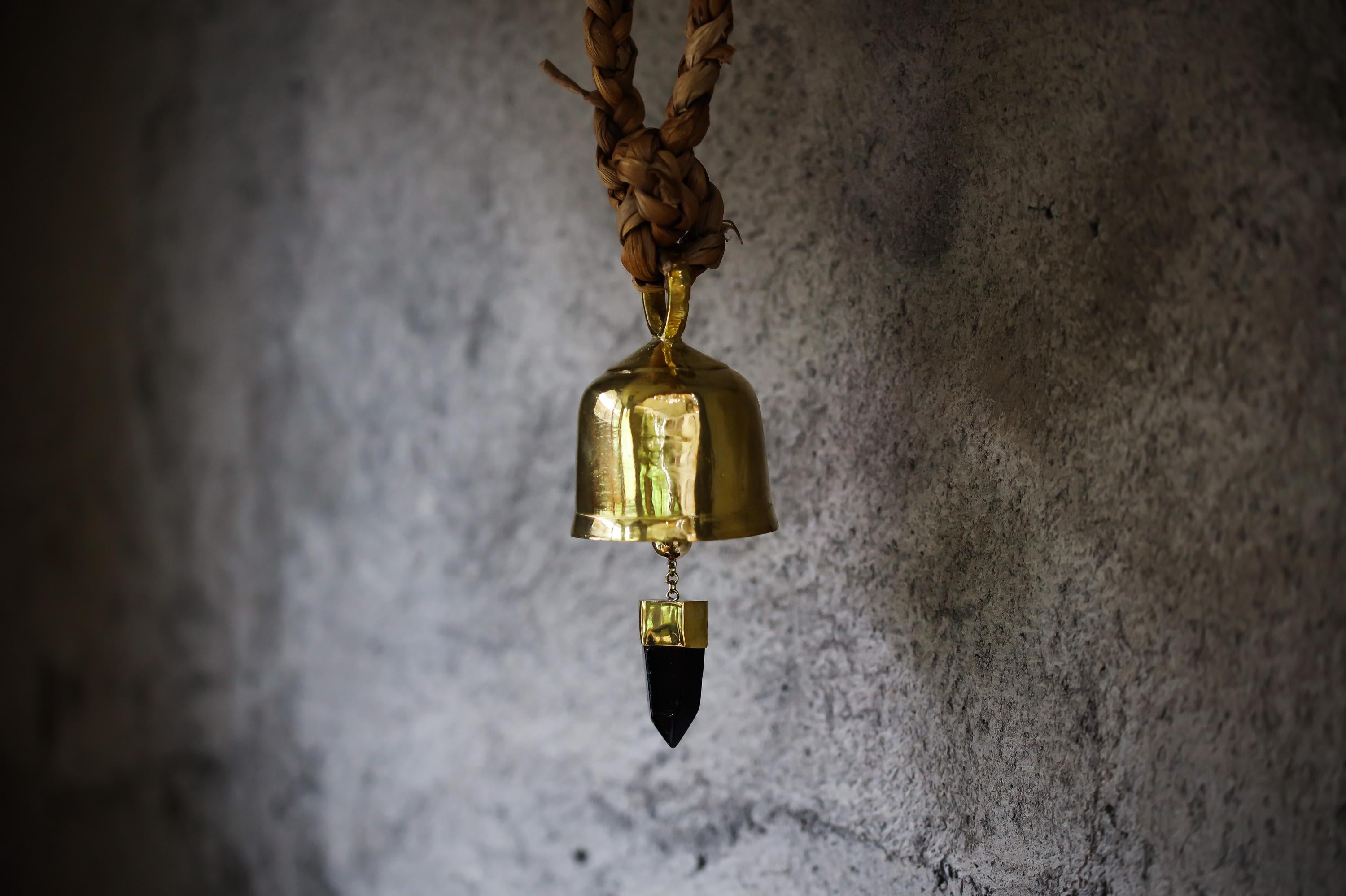 Hindu Prayer Bell, Crystal-accented Large Smoky Quartz Point, Bronze with 18k Gold Plating, Meditation & Spiritual, Christmas Decor