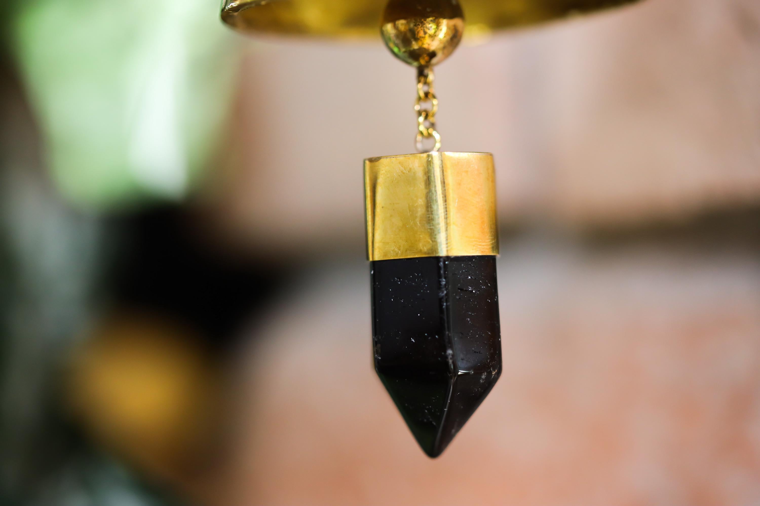 Smoky Quartz Crystal Bell, 18k Gold Plated Bronze Hanging Prayer Bell, Grounding Ritual Decor, Spiritual Gift