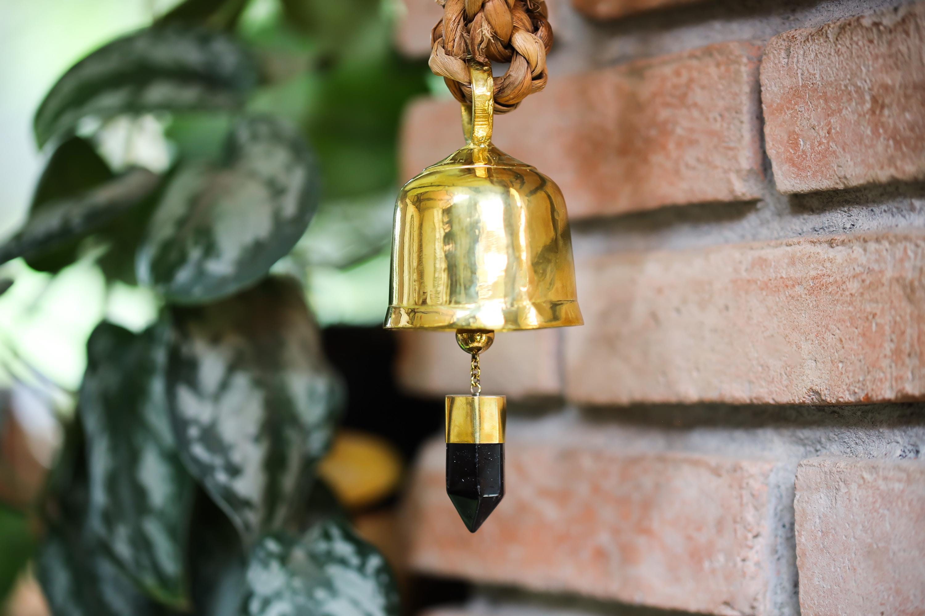 Smoky Quartz Crystal Bell, 18k Gold Plated Bronze Hanging Prayer Bell, Grounding Ritual Decor, Spiritual Gift