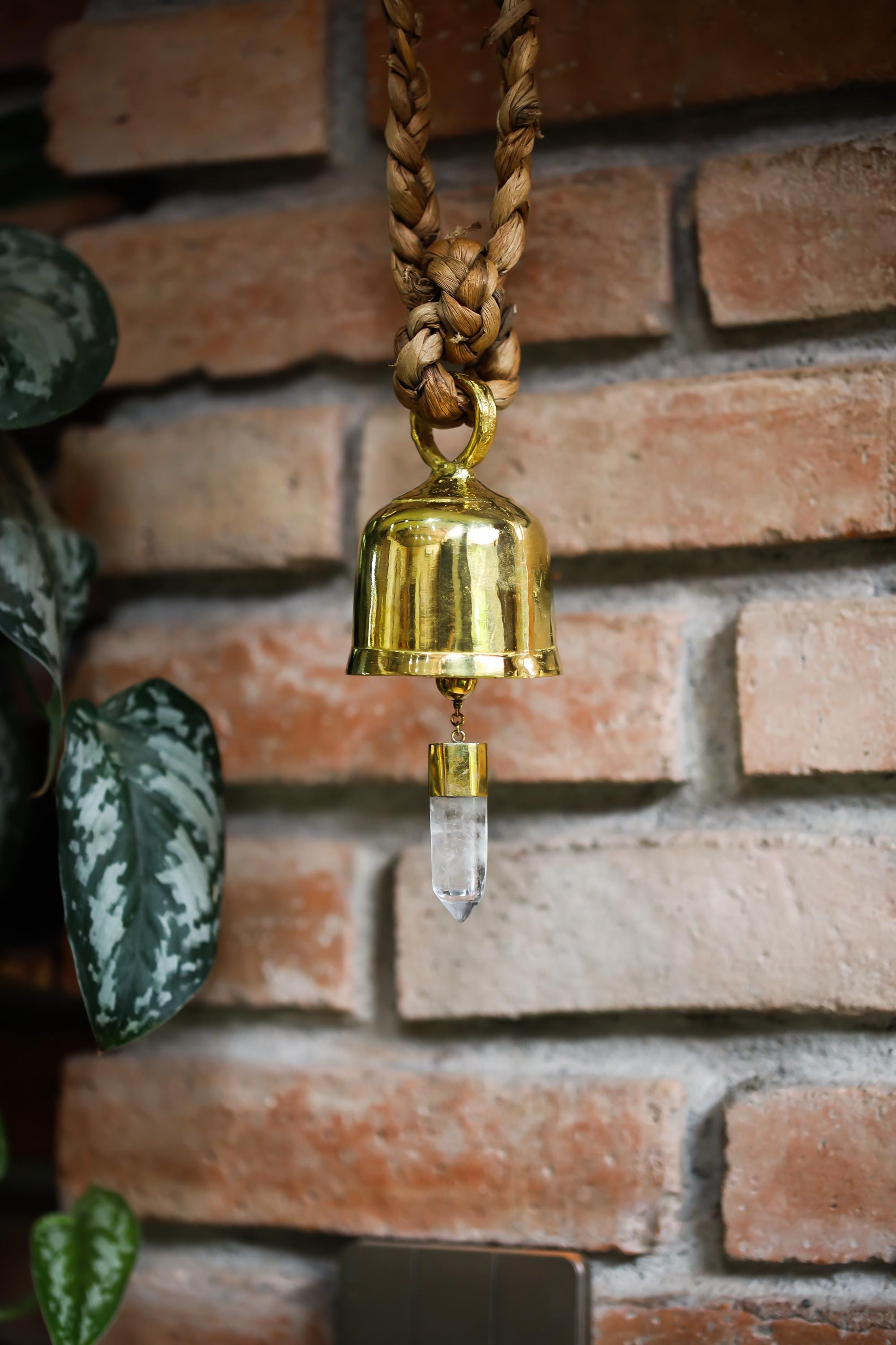 Crystal Quartz Hindu Prayer Bell: 18k Gold Plated Bronze Spiritual Decor