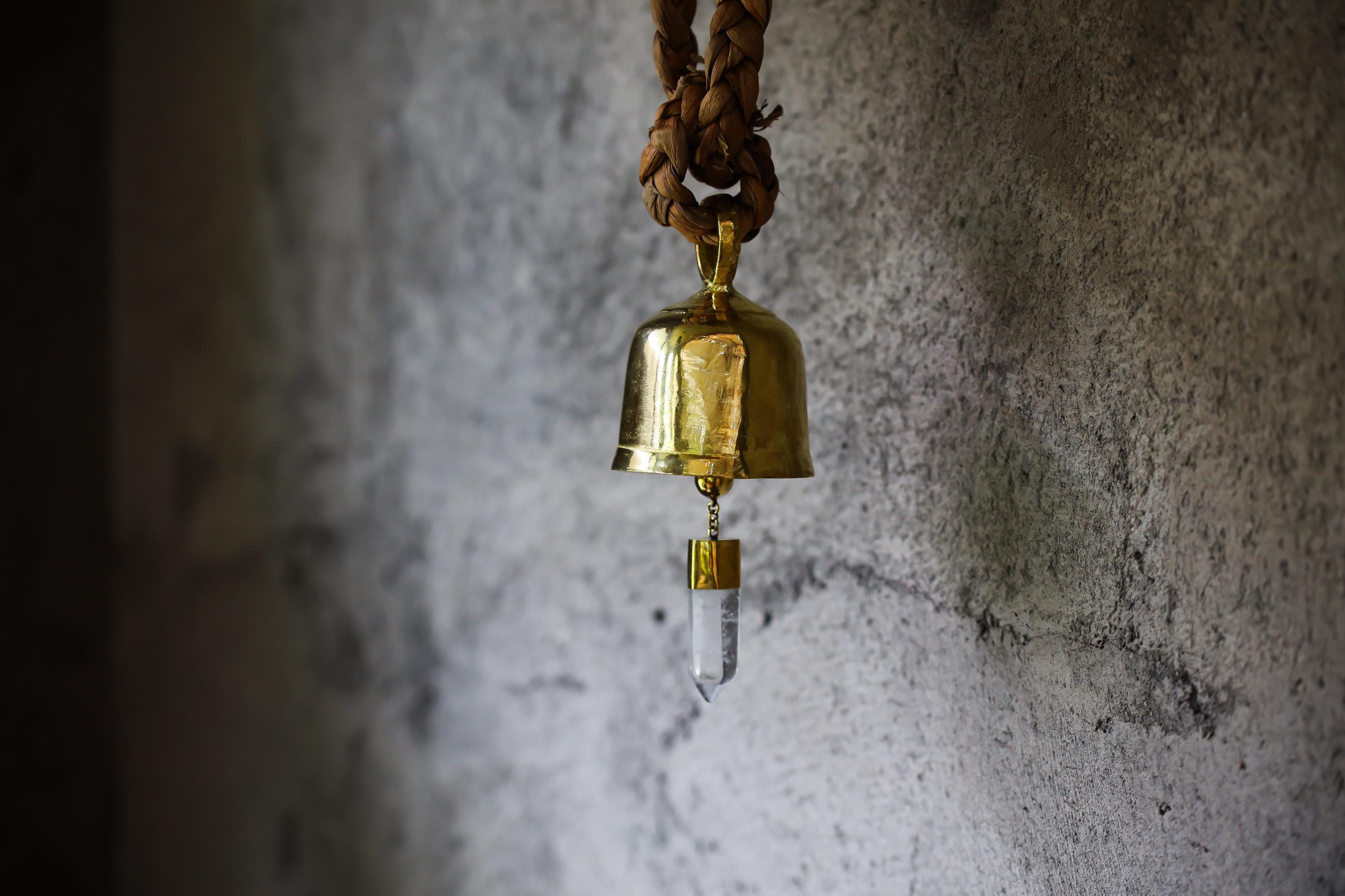 Crystal Quartz Hindu Prayer Bell: 18k Gold Plated Bronze Spiritual Decor