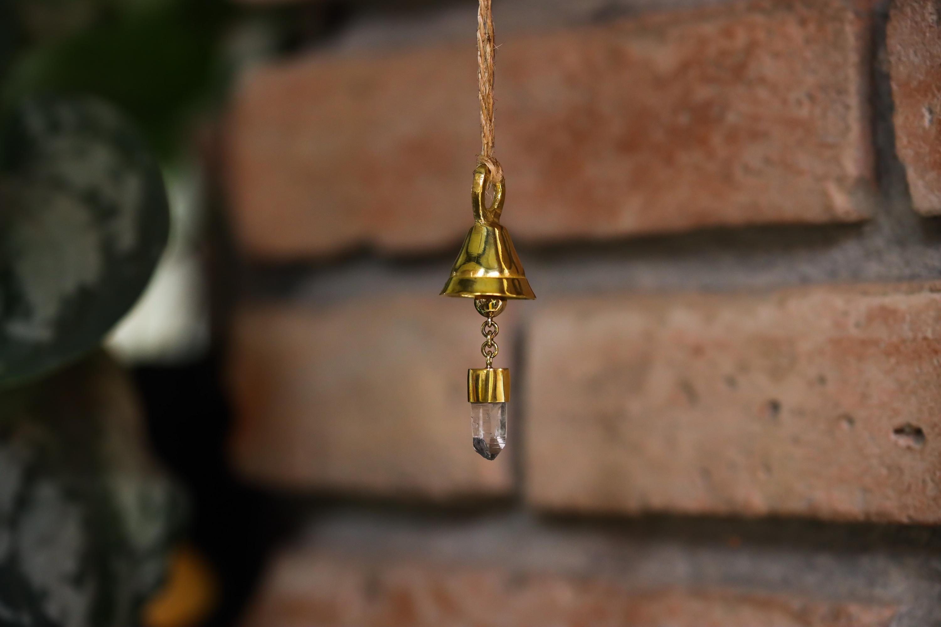 Gold Plated Bronze Mini Bell with Clear Quartz, Small Crystal Prayer Bell, Hanging Chime Charm, Ritual Decor Gift
