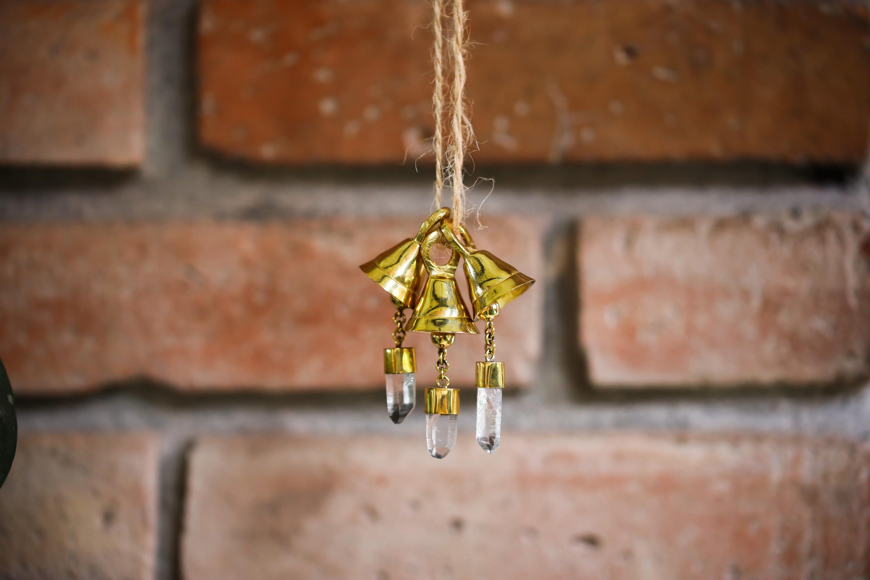 Mini Crystal-Adorned Prayer Bell, Bronze & 18k Gold-Plated, Clear Quartz Charm, Spiritual Décor, Chistmas Tree Ornament, Enchanting Accent,