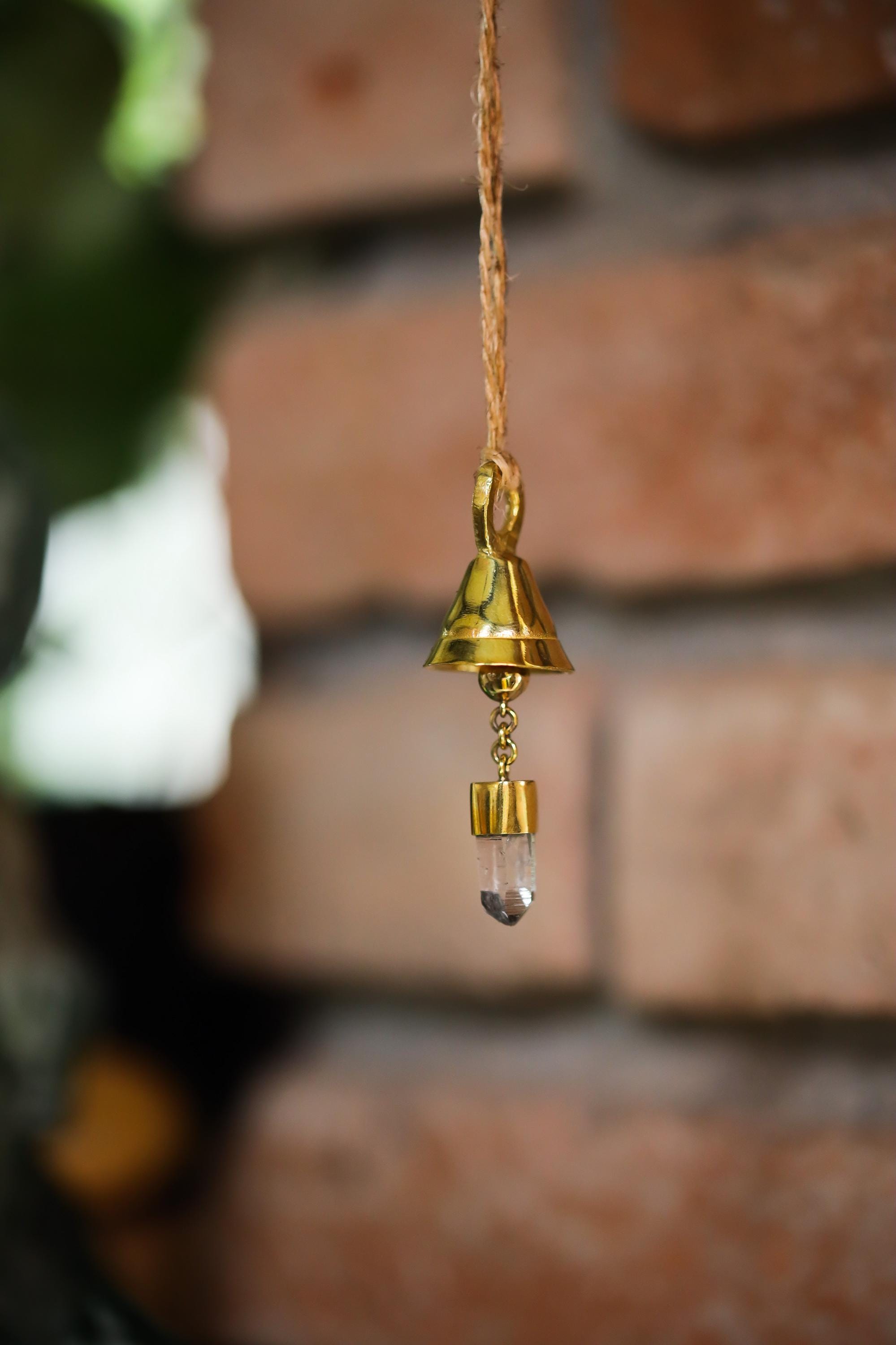 Mini Crystal-Adorned Prayer Bell, Bronze & 18k Gold-Plated, Clear Quartz Charm, Spiritual Décor, Chistmas Tree Ornament, Enchanting Accent,