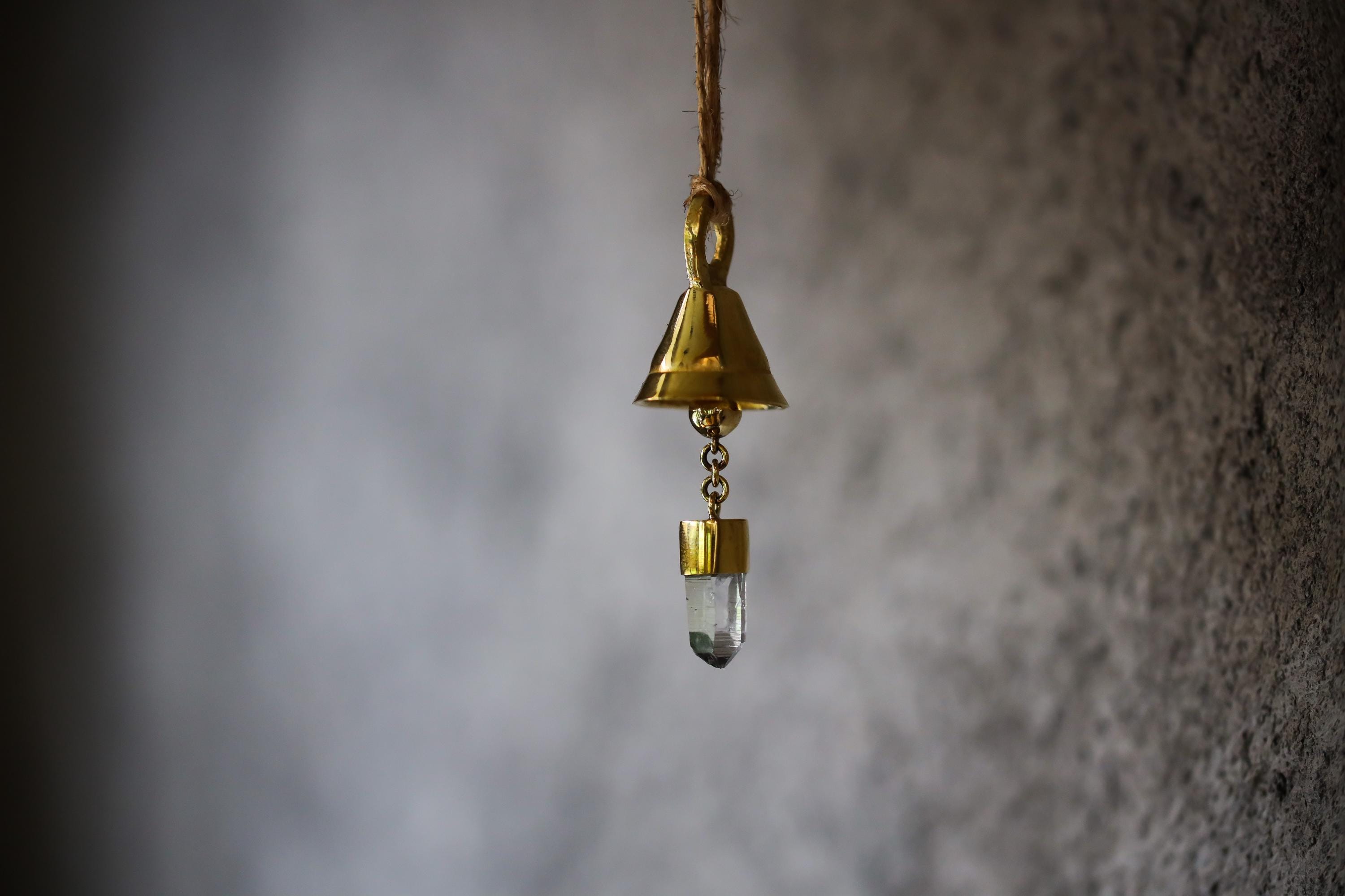 Mini Crystal-Adorned Prayer Bell, Bronze & 18k Gold-Plated, Clear Quartz Charm, Spiritual Décor, Chistmas Tree Ornament, Enchanting Accent,