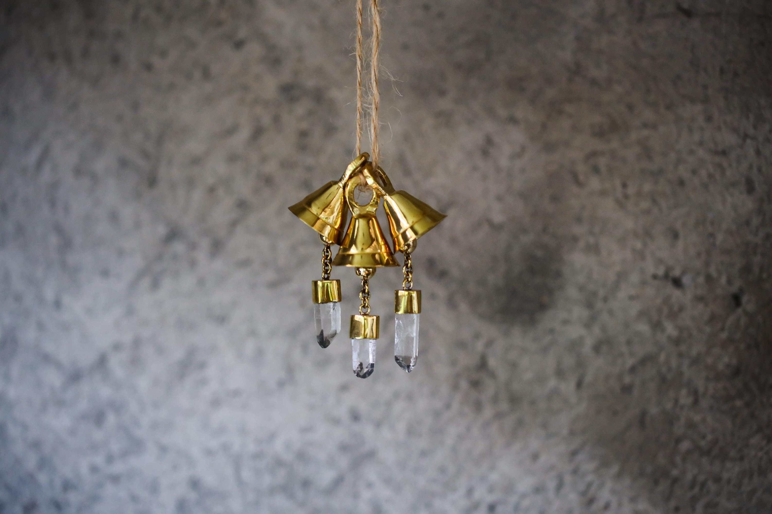 Mini Crystal-Adorned Prayer Bell, Bronze & 18k Gold-Plated, Clear Quartz Charm, Spiritual Décor, Chistmas Tree Ornament, Enchanting Accent,