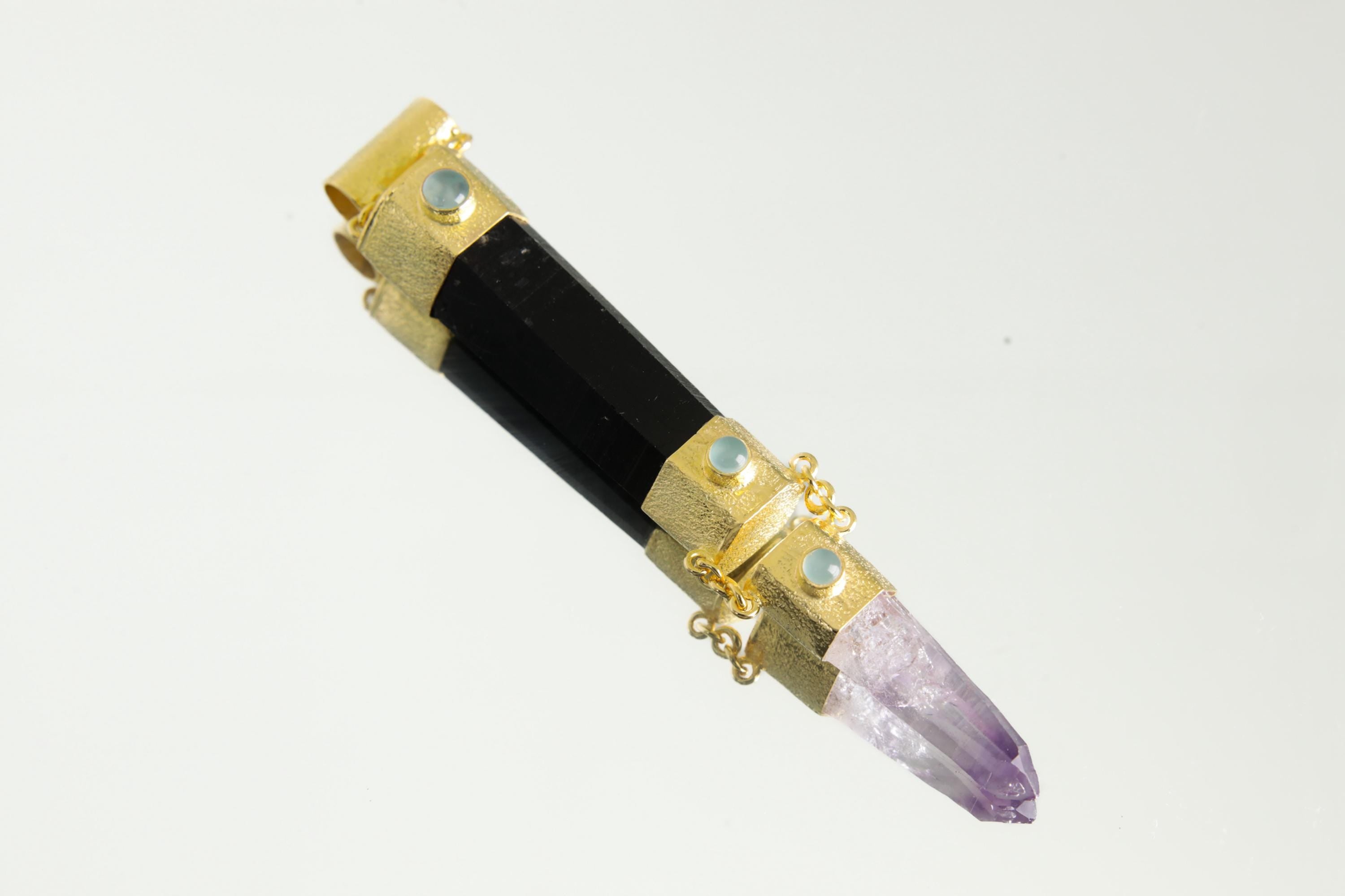 Aquamarine, Black Tourmaline & Vera Cruz Amethyst Pendant, 18k Gold-Plated Sterling Silver, Organic Texture, Spiritual Jewelry, Unique Gift