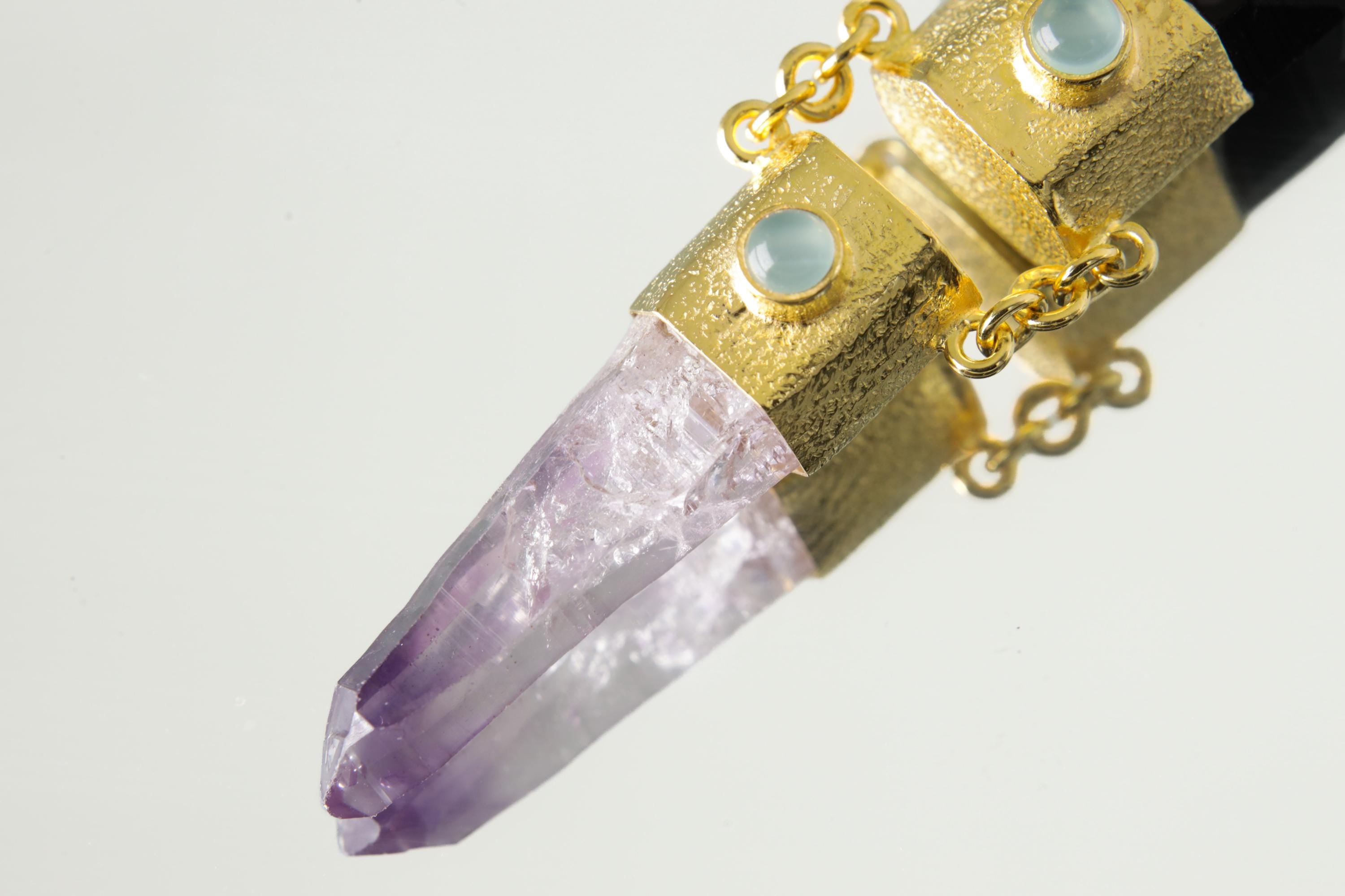 Aquamarine, Black Tourmaline & Vera Cruz Amethyst Pendant, 18k Gold-Plated Sterling Silver, Organic Texture, Spiritual Jewelry, Unique Gift