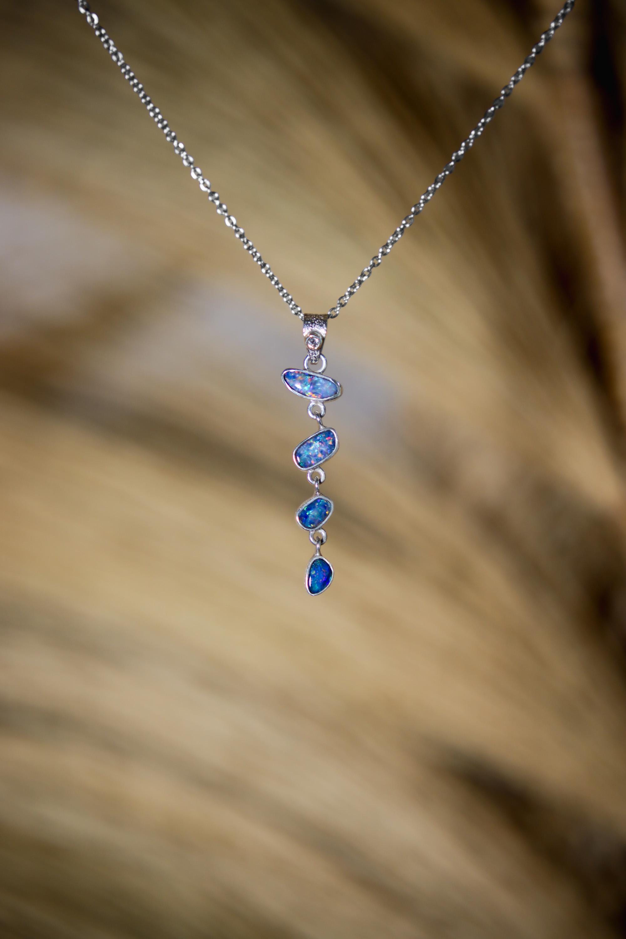 Sparkling Zircon and Australian Opal Pendant, Hand-Textured Sterling Silver, Crown Chakra, Libra Zodiac, Emotional Healing, Unique Gift