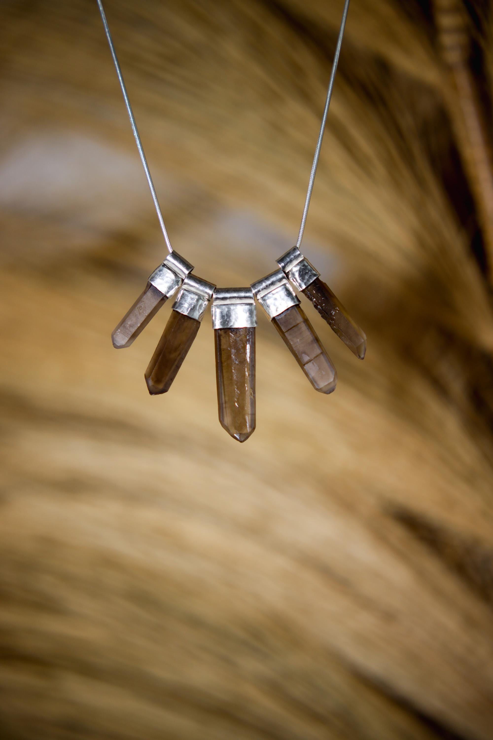 Stunning Five Australian Smoky Citrine Phantom Quartz Pendant on 3mm Snake Chain Necklace Hammer Textured Sterling Silver Healing & Elegance