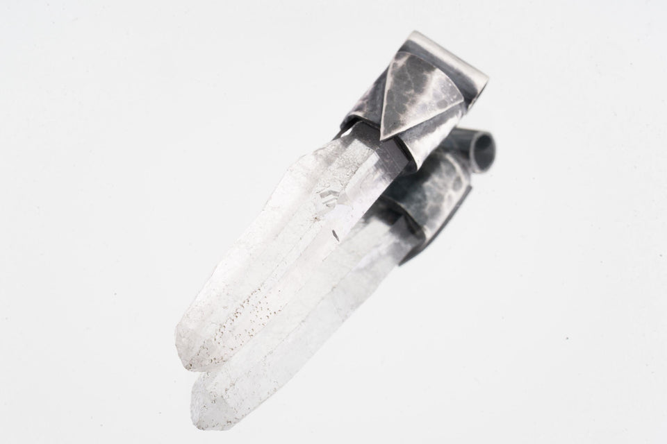 Water Clear Nepalese Inclusion Quartz pendant shown on a white background with hand-hammered oxidized silver cap.