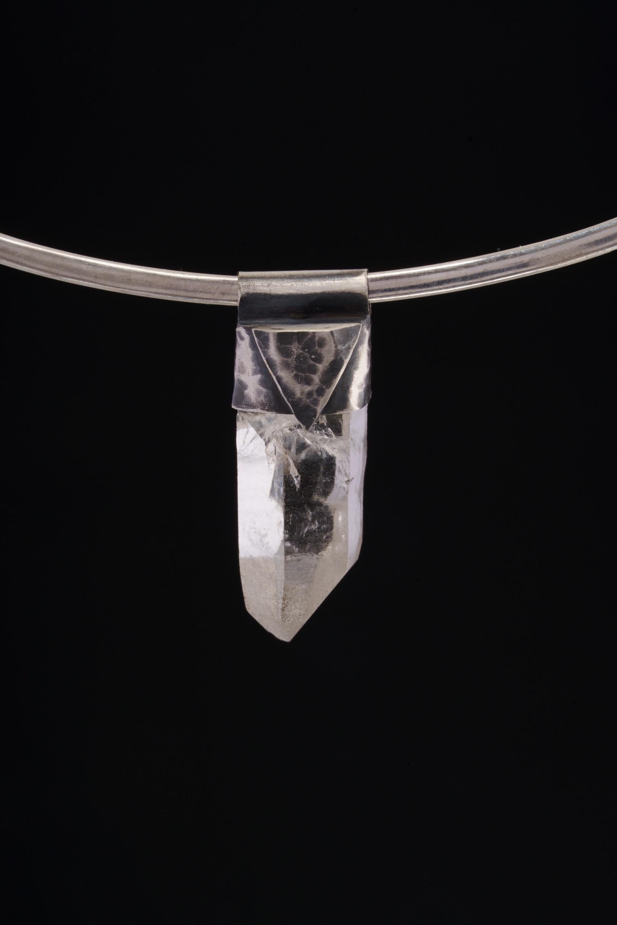 Water Clear Nepalese Inclusion Quartz Stack Pendant shown on a silver choker with oxidized 925 silver cap.