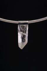 Water Clear Nepalese Inclusion Quartz Stack Pendant shown on a silver choker with oxidized 925 silver cap.
