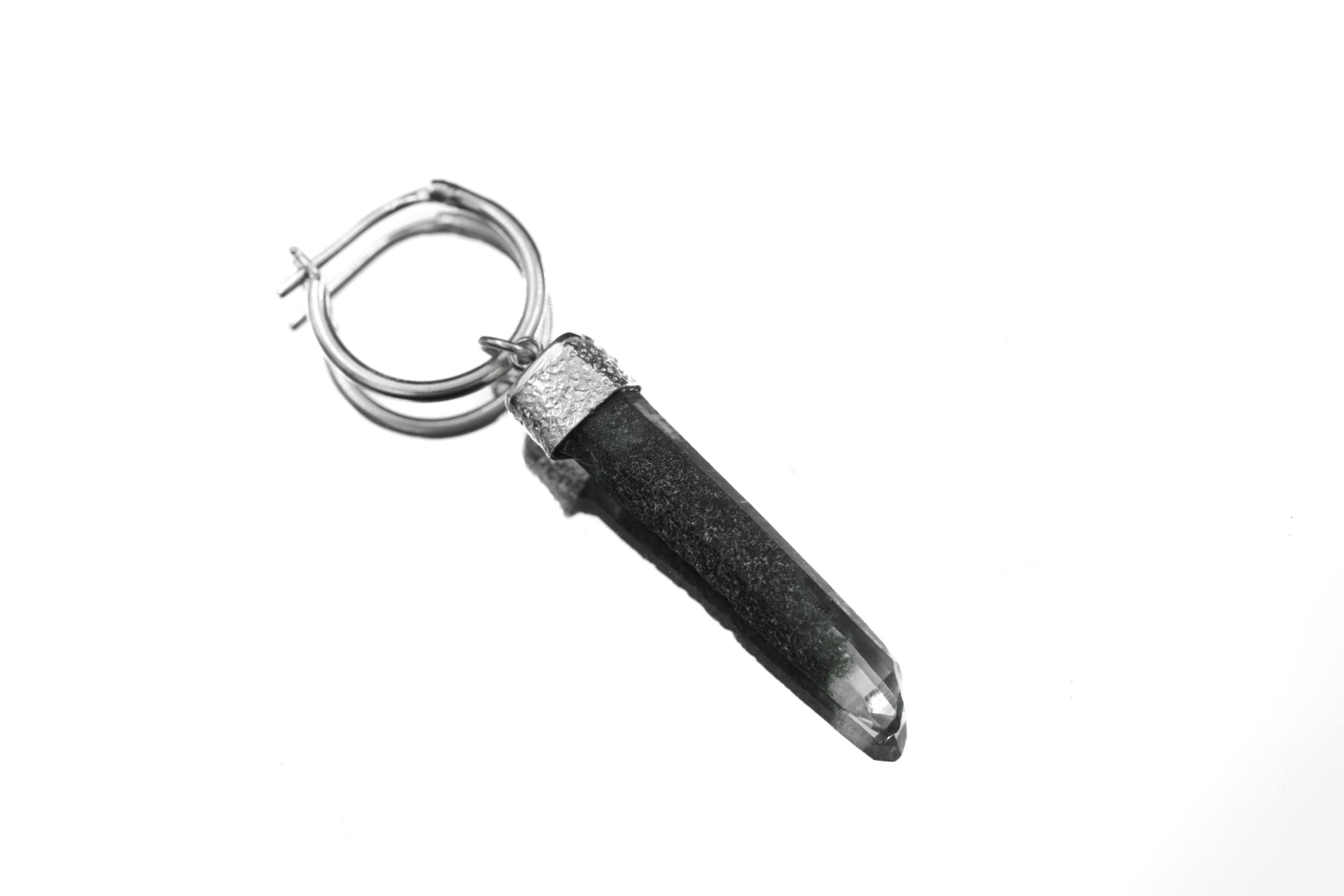Handmade 925 sterling silver Himalayan Chlorite Quartz single hoop earring shown on a light background, with raw pointed crystal drop.