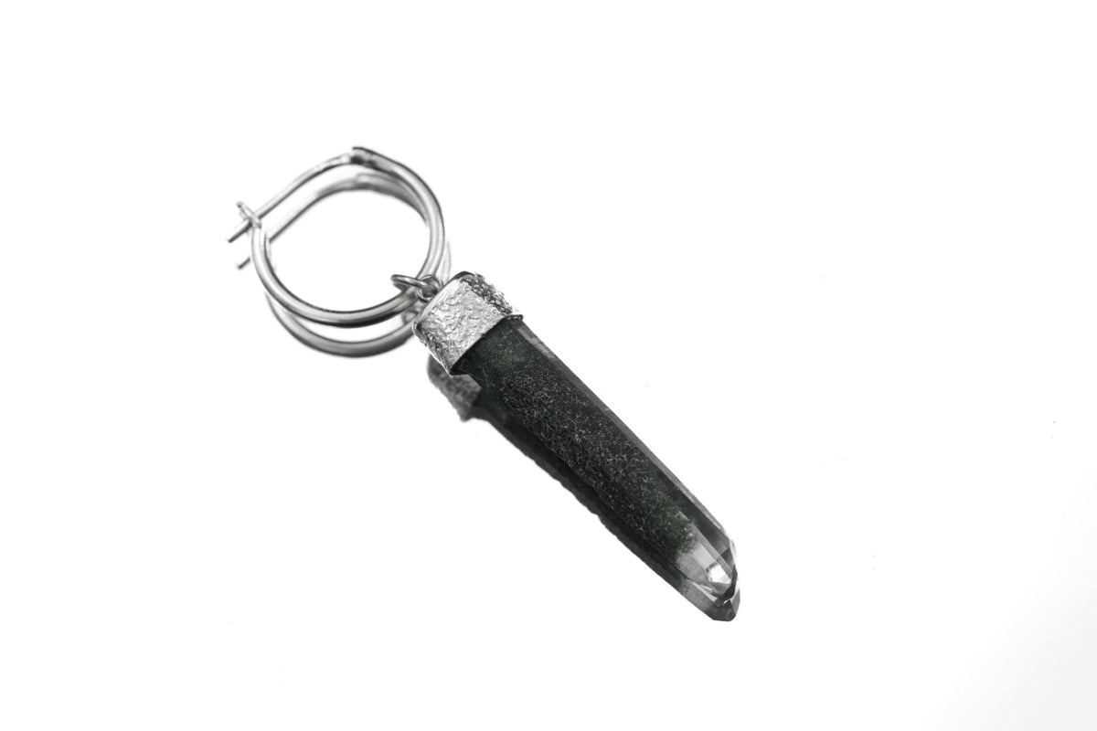 Handmade 925 sterling silver Himalayan Chlorite Quartz single hoop earring shown on a light background, with raw pointed crystal drop.
