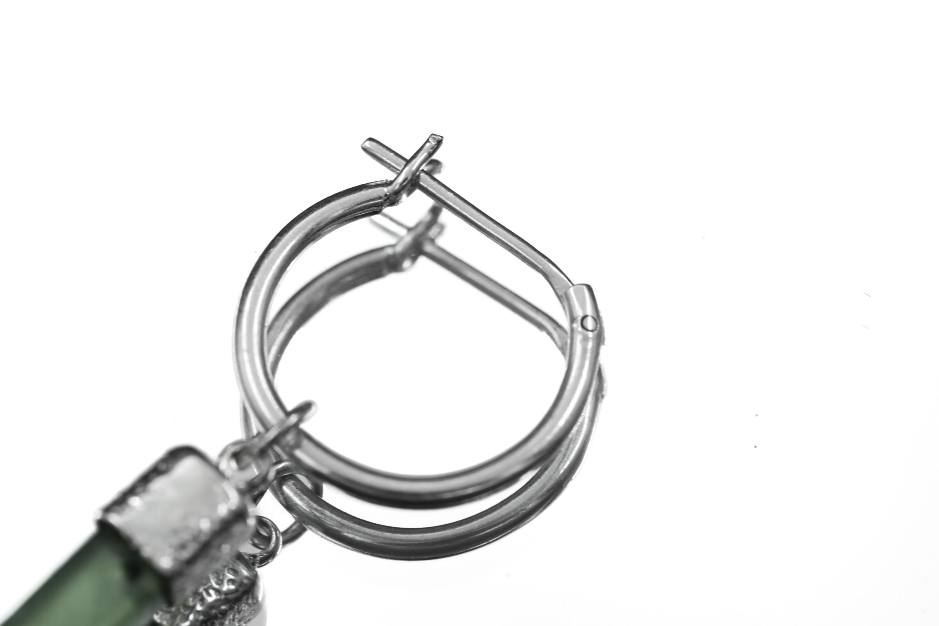 Single Green Jade Hoop Earring, 925 Sterling Silver, Sand Textured & Shiny Finish, Heart Chakra, Healing Jewelry, Unique Gift