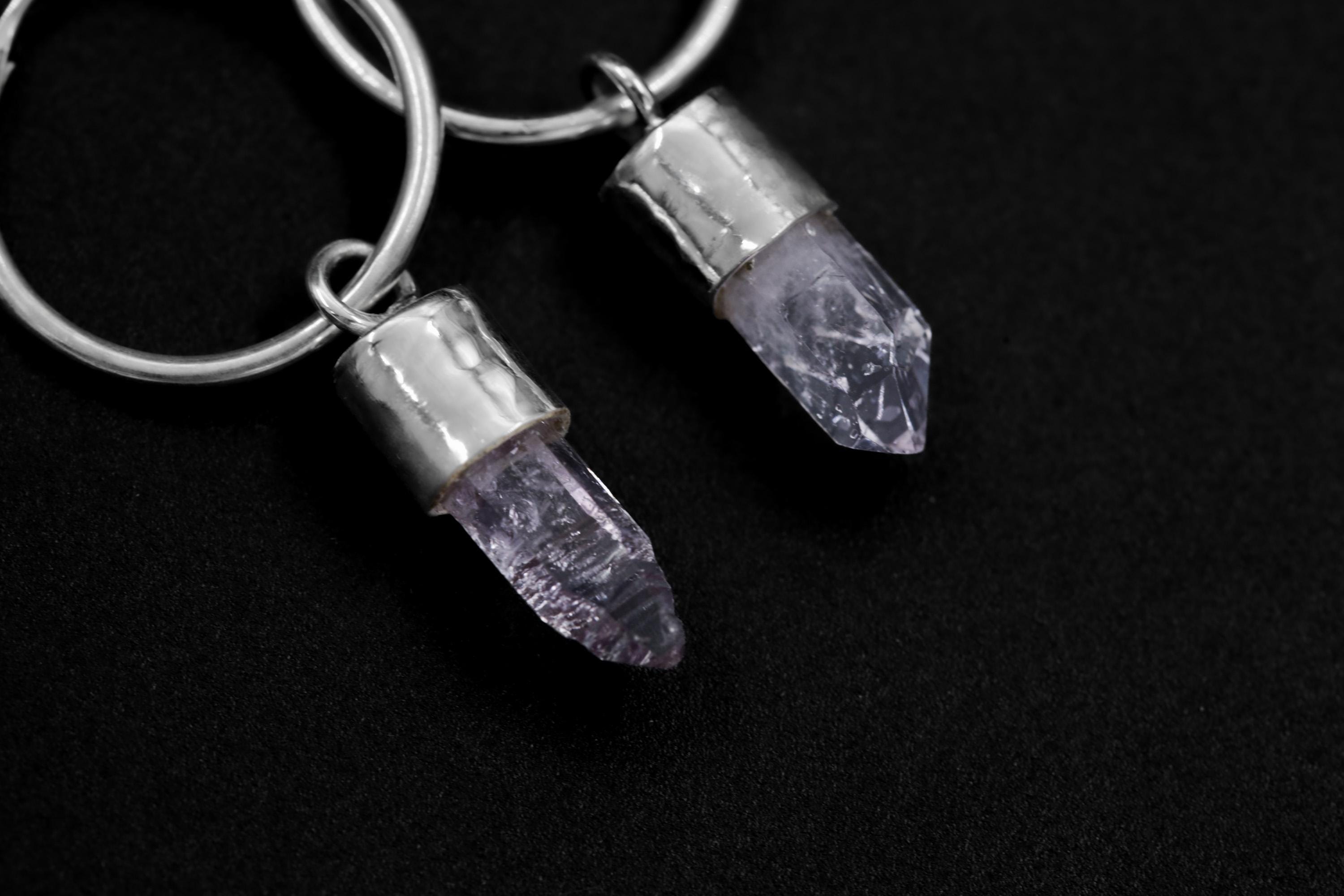 Vera Cruz Amethyst Hoop Earrings, Sterling Silver, Hammered and Shiny Finish, Third Eye & Crown Chakra, Spiritual Jewelry, Unique Gift