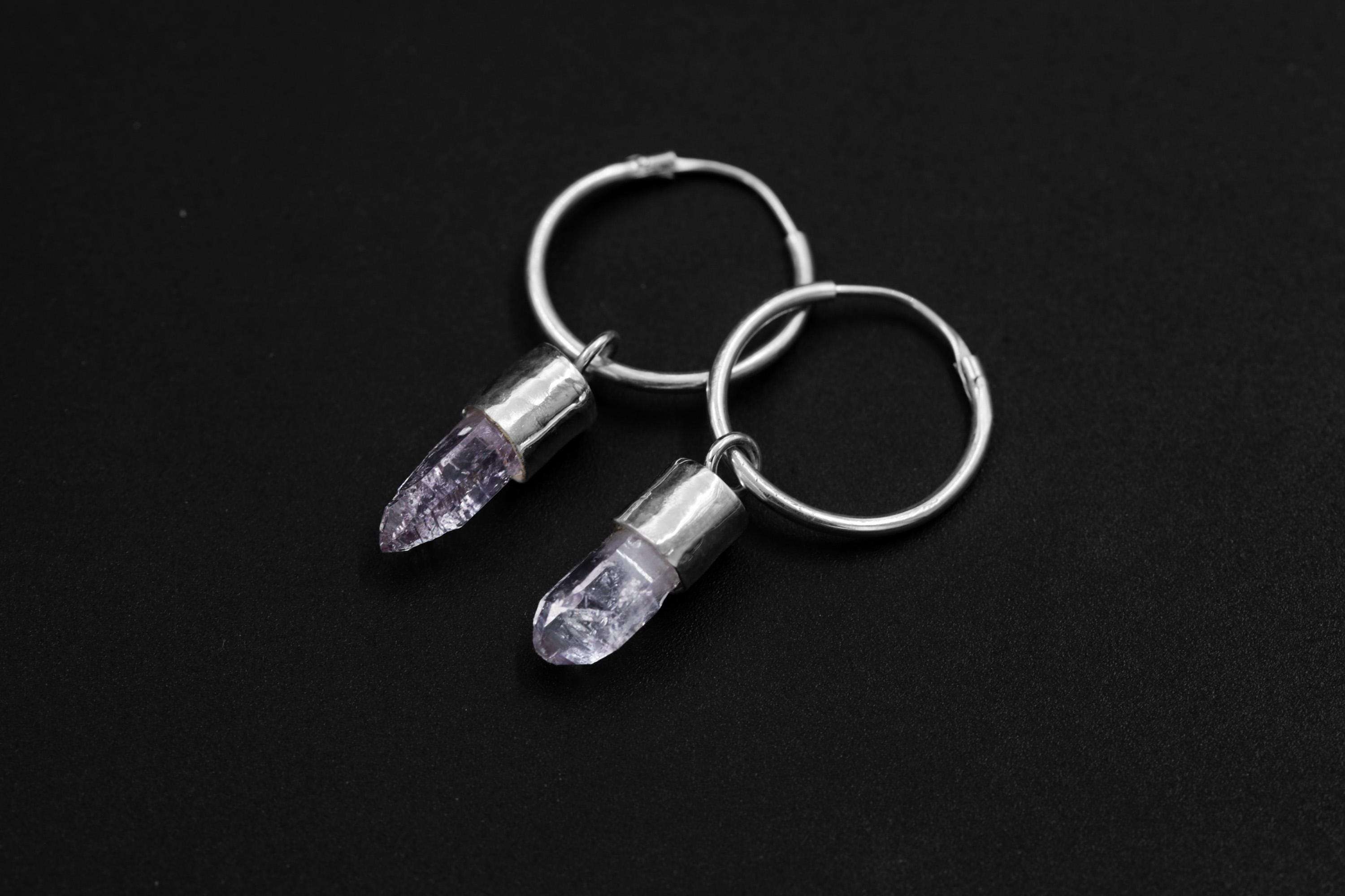 Vera Cruz Amethyst Hoop Earrings, Sterling Silver, Hammered and Shiny Finish, Third Eye & Crown Chakra, Spiritual Jewelry, Unique Gift