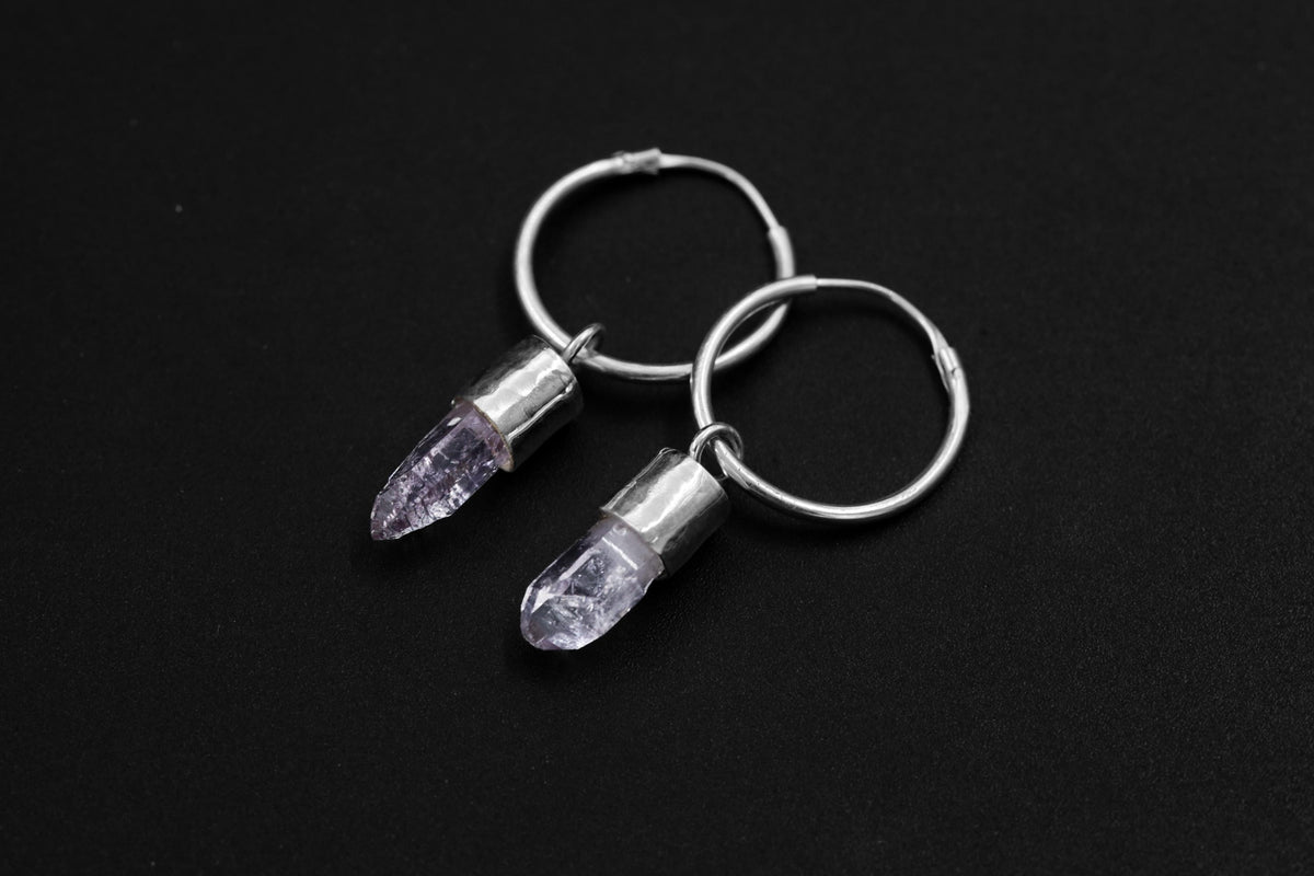 Vera Cruz Amethyst Hoop Earrings, Sterling Silver, Hammered and Shiny Finish, Third Eye & Crown Chakra, Spiritual Jewelry, Unique Gift
