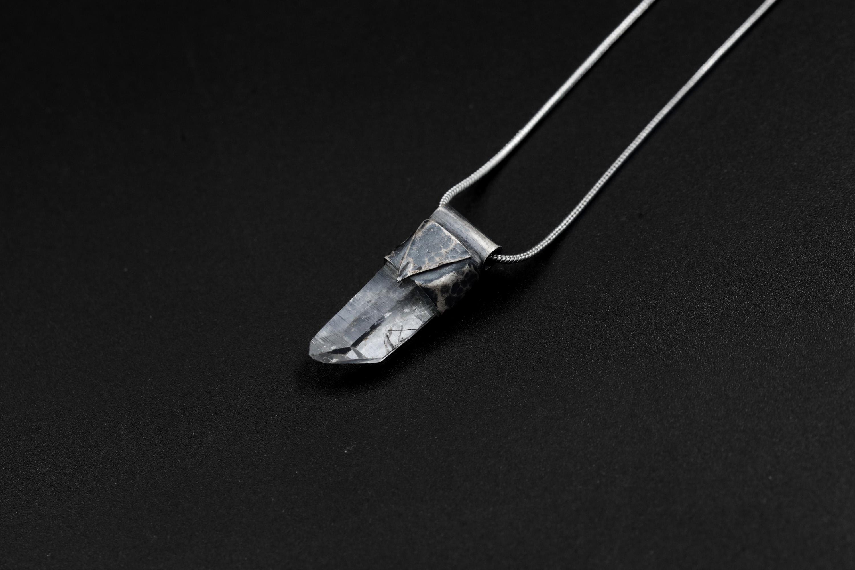 Clear Lemurian Quartz Point Pendant, Oxidized Hammered Sterling Silver, Stackable Crystal Necklace, Crown Chakra, Unique Gift, NO/02