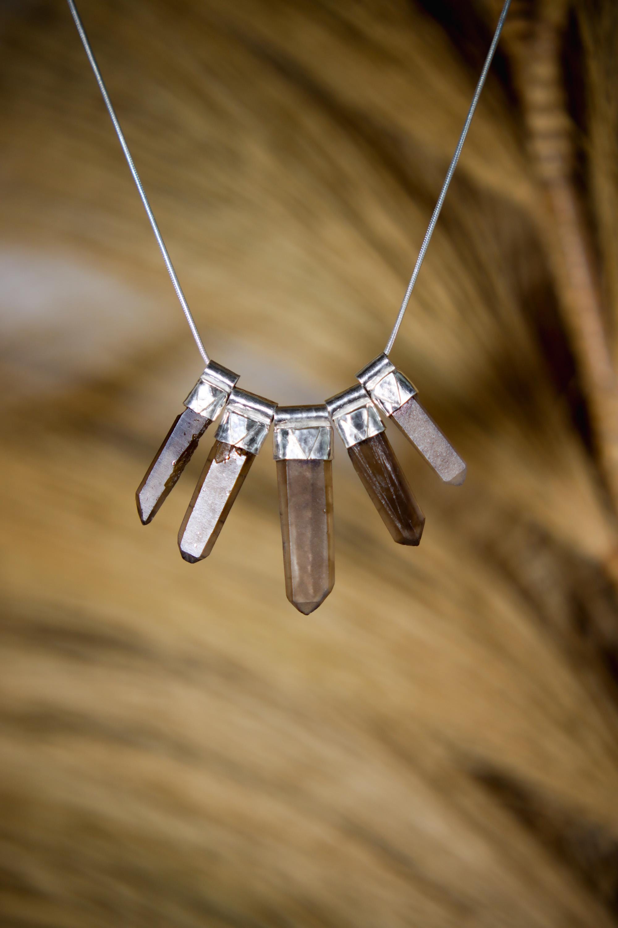 Stunning Five Australian Smoky Citrine Phantom Quartz Pendant on 3mm Snake Chain Necklace Hammer Textured Sterling Silver Healing & Elegance