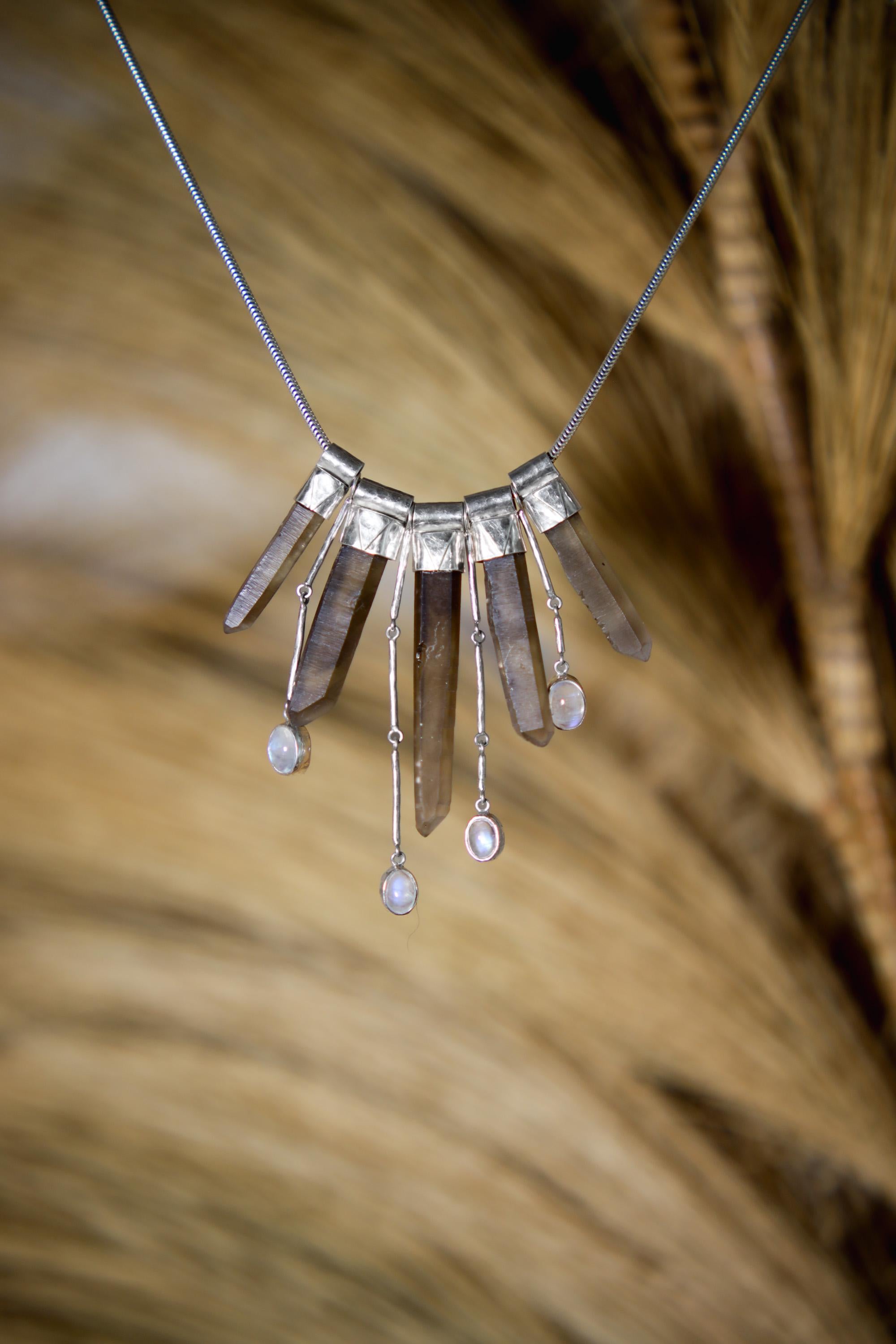 Elegant Blue Moonstone, Australian Smoky Citrine Phantom Quartz Stack Pendant on 3mm Snake Chain, Textured Sterling Silver, Light & Healing